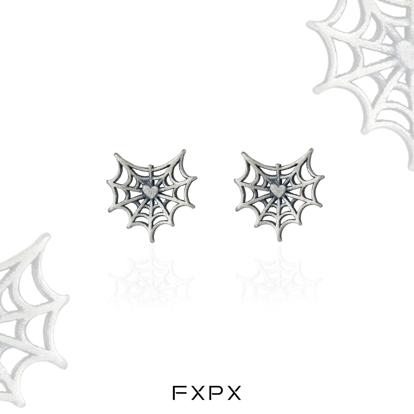 FXPX y2k spider web earrings in silver with intricate web design and heart details