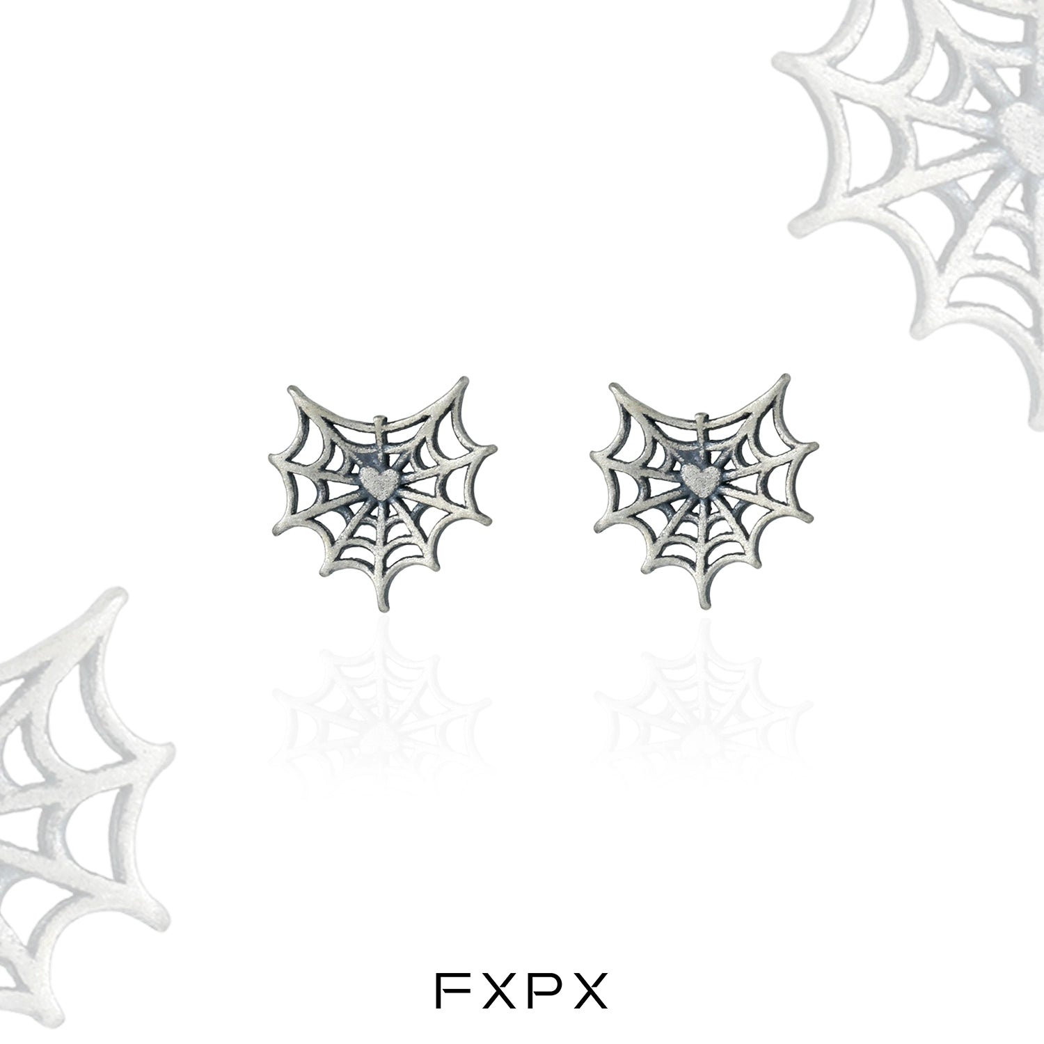 FXPX y2k spider web earrings in silver with intricate web design and heart details