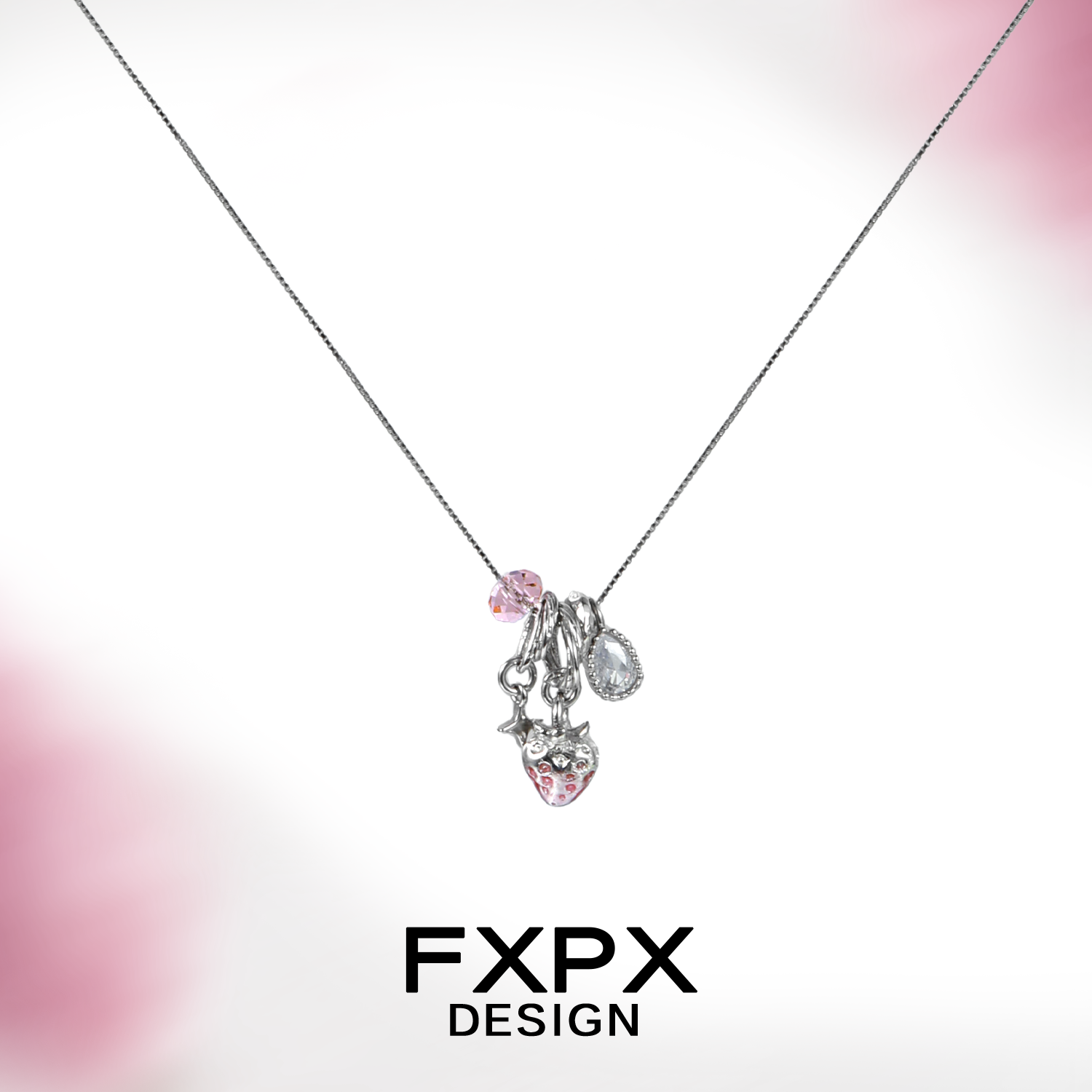 FXPX Y2K strawberry necklace with sparkling pink and clear gems on a silver chain