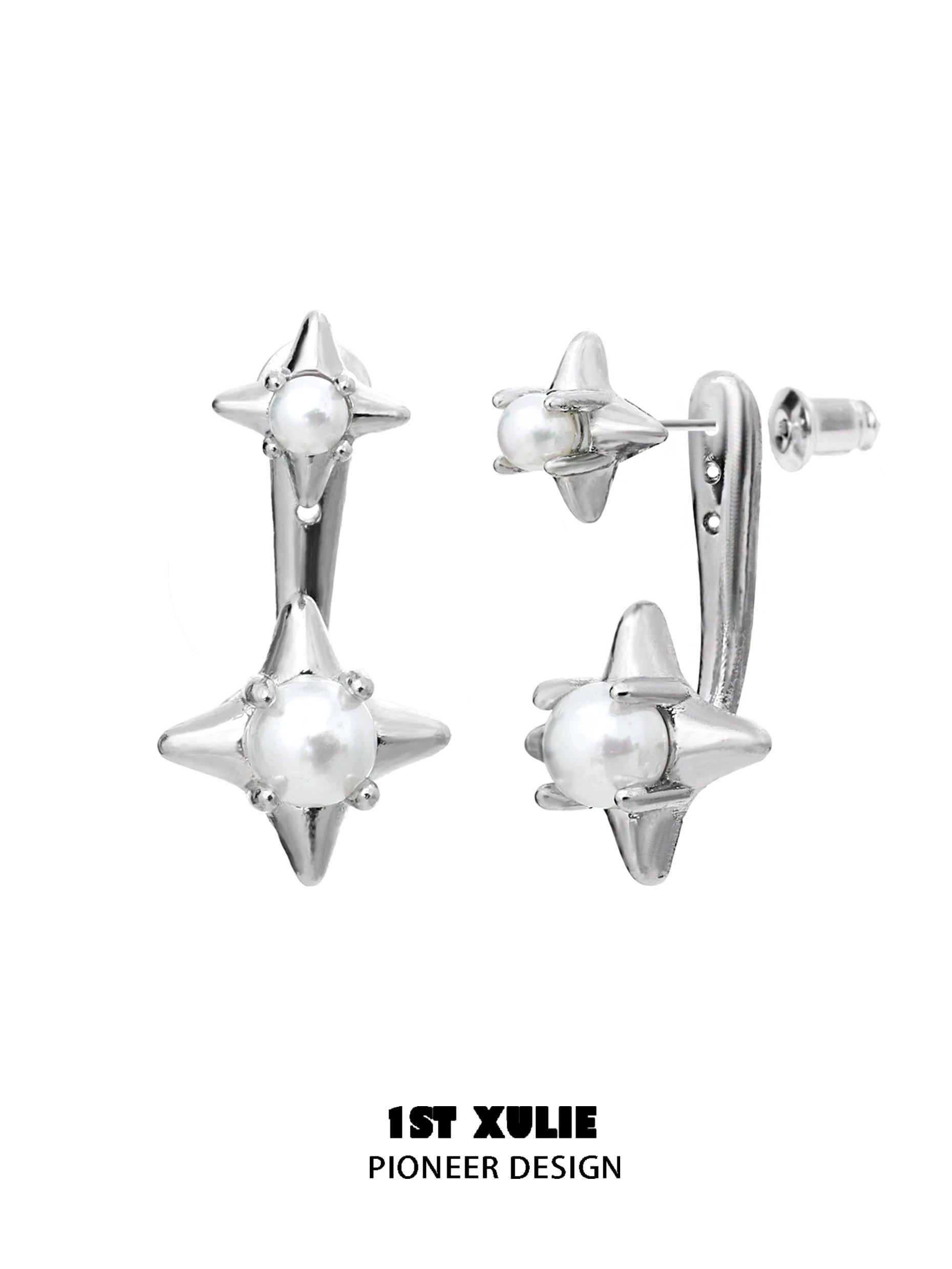 1ST XULIE Galaxy Pearl Stud Earrings with Star Design in Silver Finish for Elegant Look