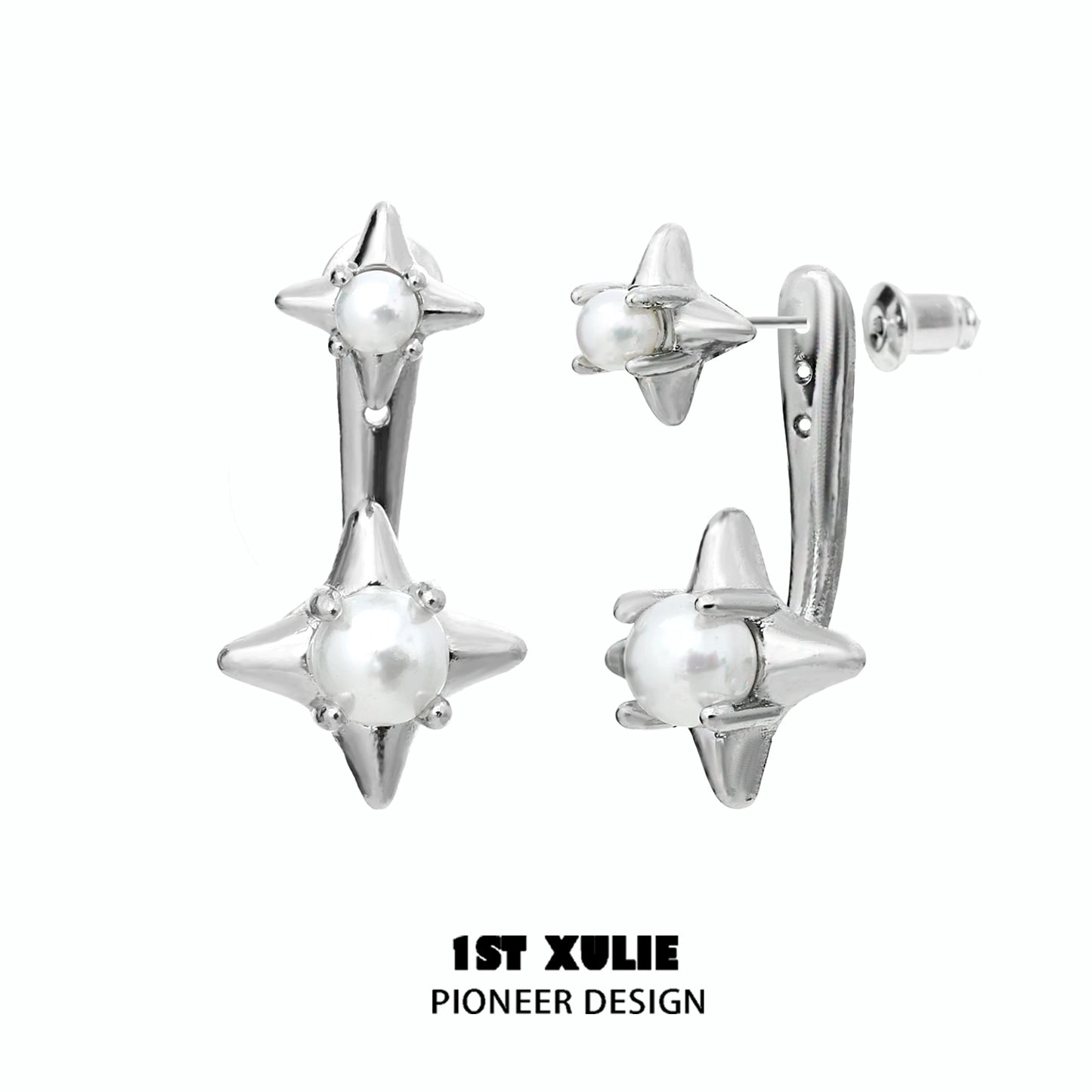 Elegant galaxy pearl stud earrings featuring silver star designs and lustrous pearls for a chic look