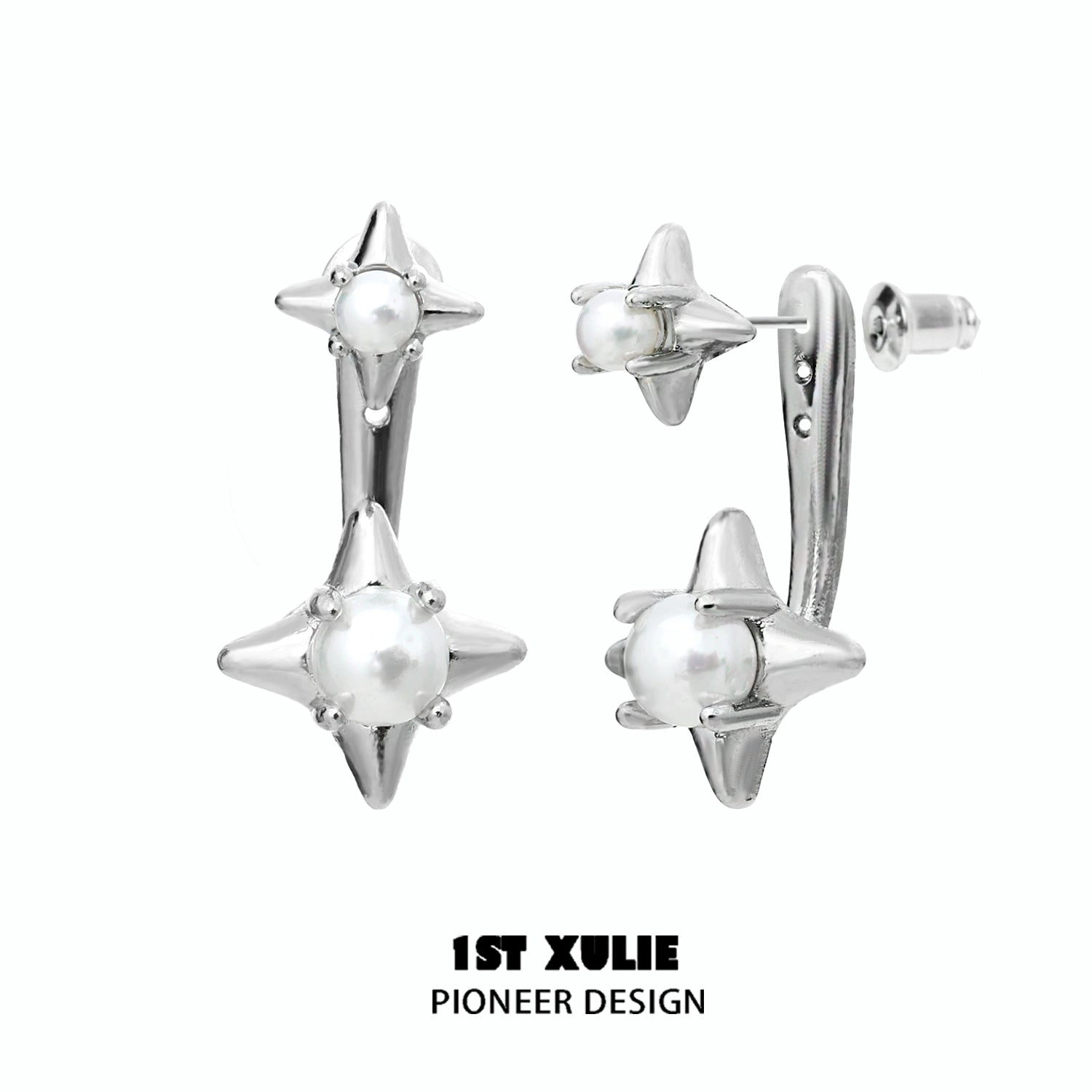 Elegant galaxy pearl stud earrings featuring silver star designs and lustrous pearls for a chic look