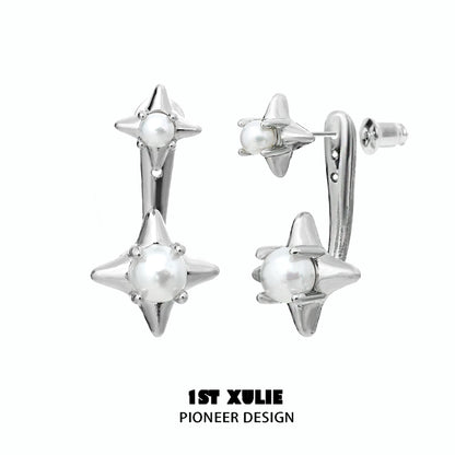 Elegant galaxy pearl stud earrings featuring silver star designs and lustrous pearls for a chic look