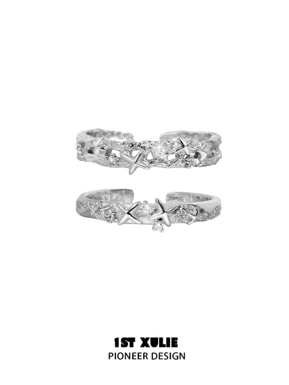 1STXULIE Galaxy Star Couple Ring Set in Silver with Intricate Design and Sparkling Details