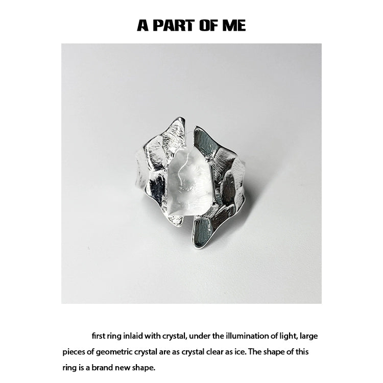A PART OF ME geometric crystal punk ring featuring large pieces of crystal clear as ice