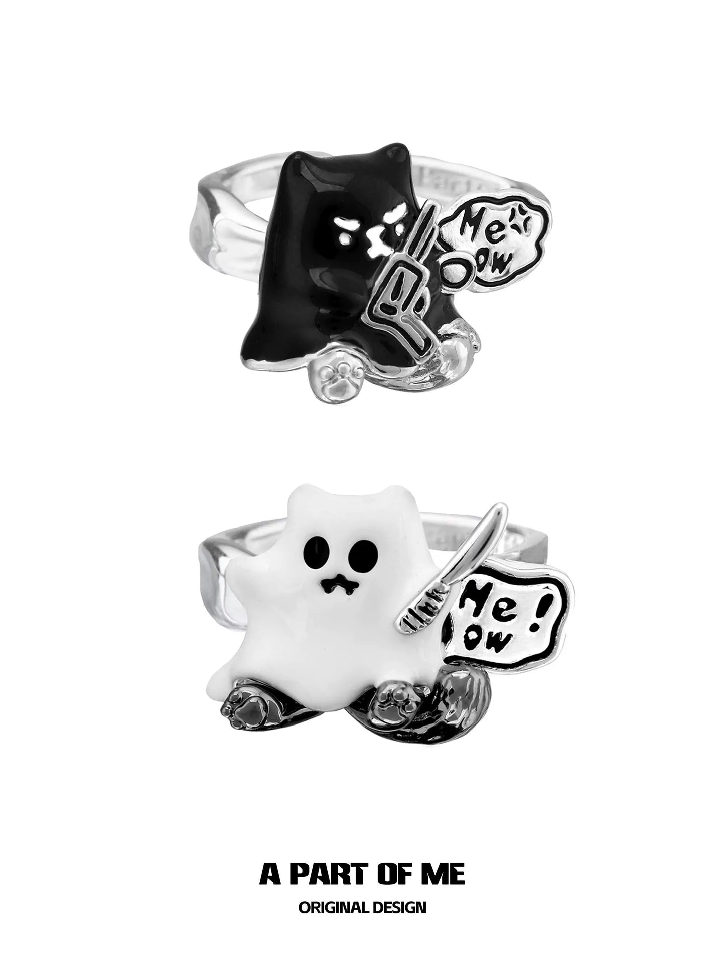 A PART OF ME ghost kitten ring featuring a black and white design with playful details