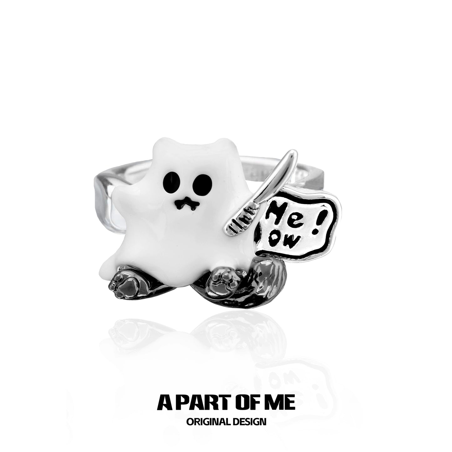 A PART OF ME ghost kitten ring featuring a cute ghost design holding a sign that says 'Me! Ow!'