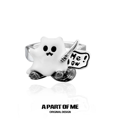 A PART OF ME ghost kitten ring featuring a cute ghost design holding a sign that says 'Me! Ow!'