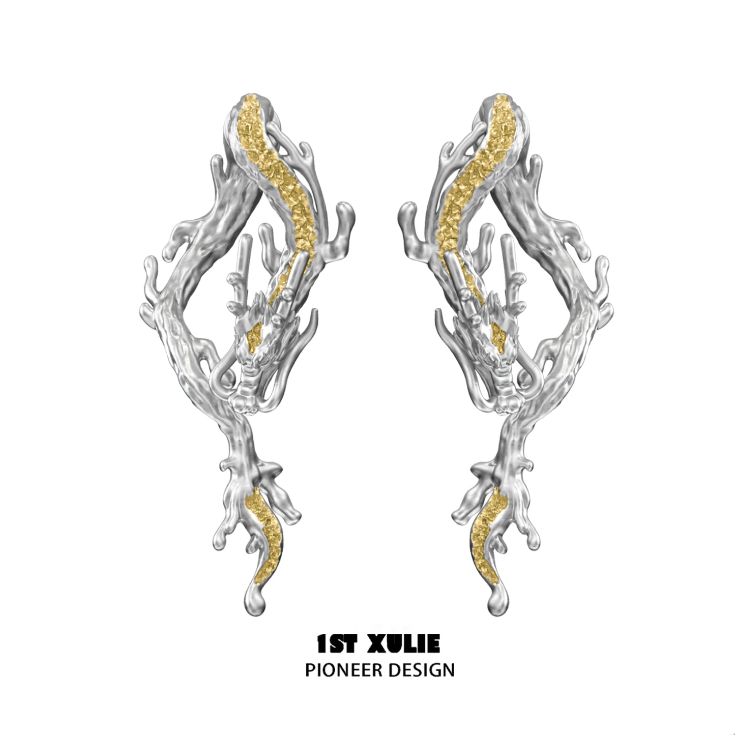 Elegant gold dragon stud earrings featuring unique branch designs and intricate detailing
