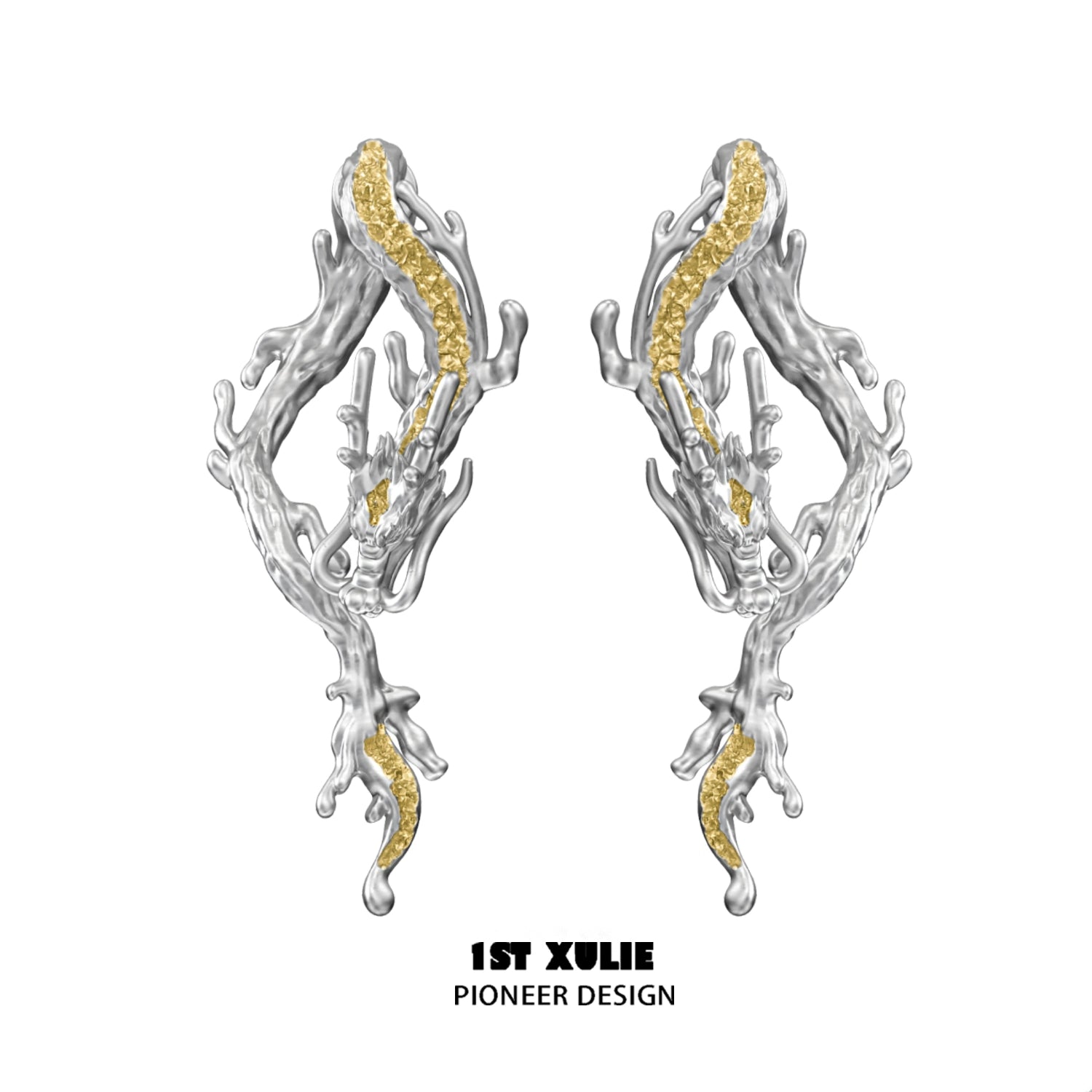 Elegant gold dragon stud earrings featuring unique branch designs and intricate detailing
