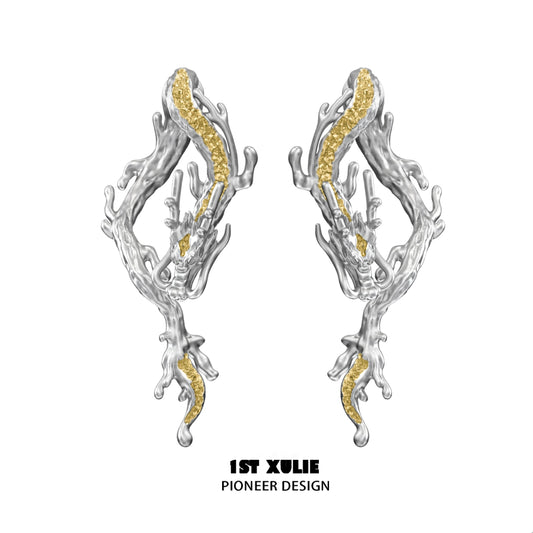 Elegant gold dragon stud earrings featuring unique branch designs and intricate detailing