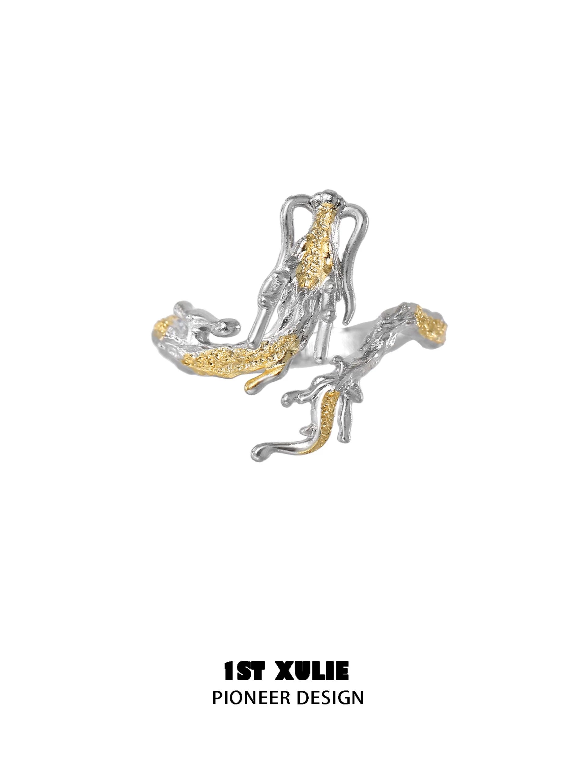 Gold dragon wrap silver ring featuring intricate design and detailed craftsmanship