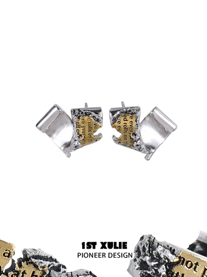 Unique 1STXULIE gold map earrings for women featuring a modern design with a textured finish