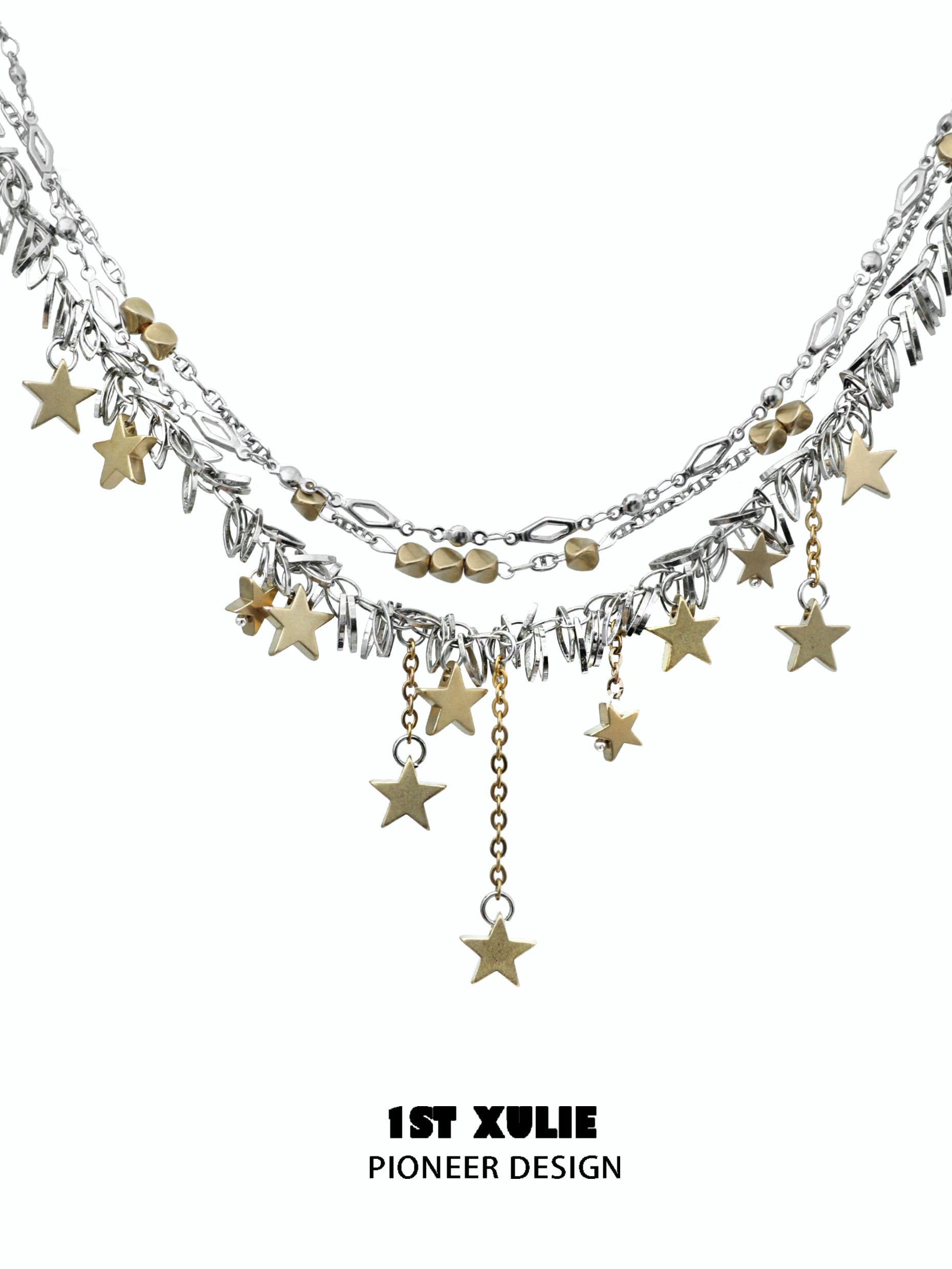 1ST XULIE gold star tassel necklace with layered stars and silver accents for a stylish look