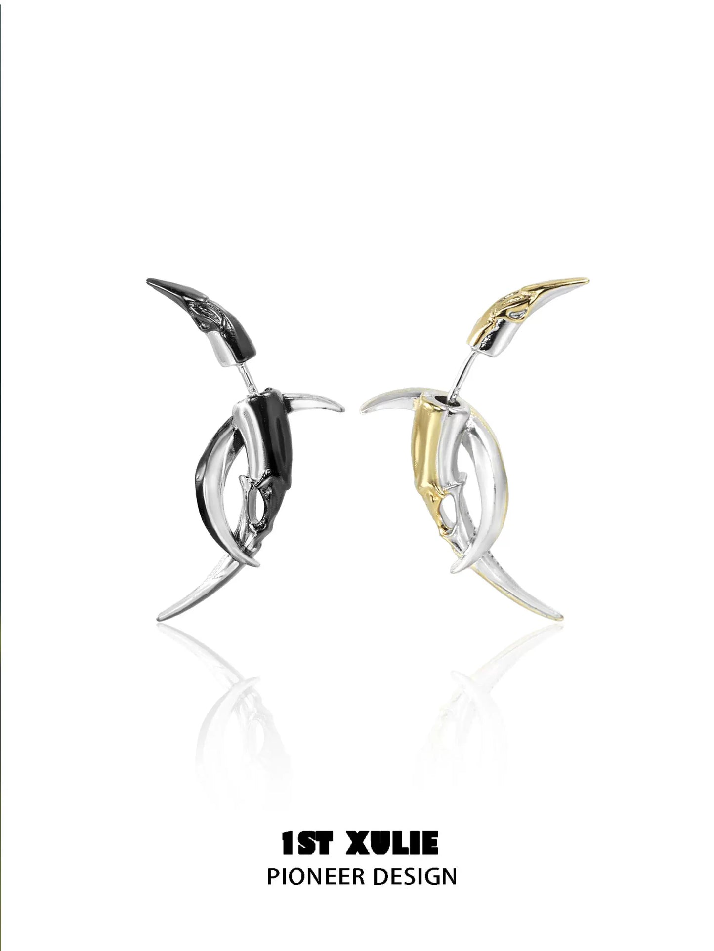 Y2K moon earrings in silver and gold with unique sculptural design by 1ST XULIE