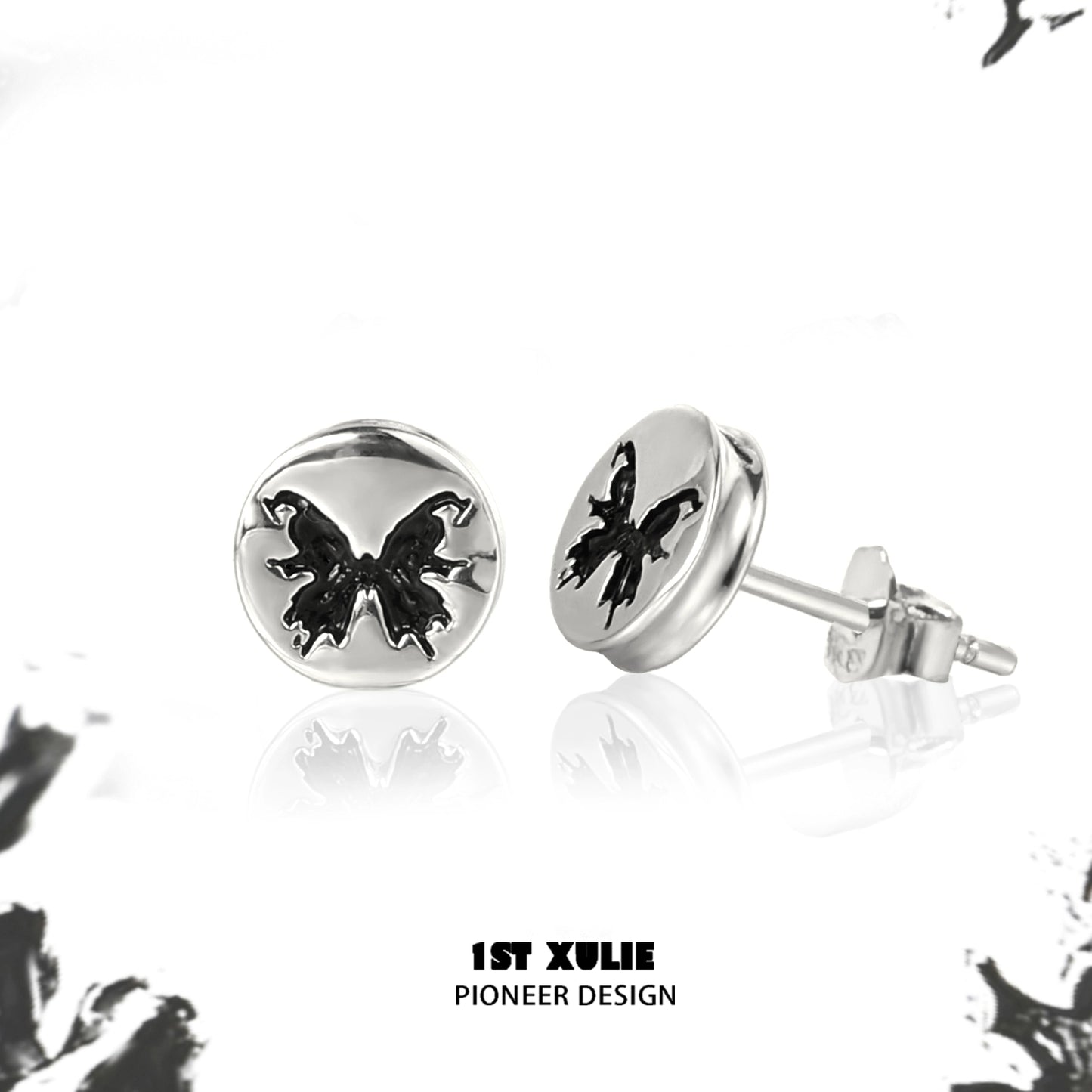 1ST XULIE Gothic Butterfly Earrings in Silver Featuring Intricate Black Detailing