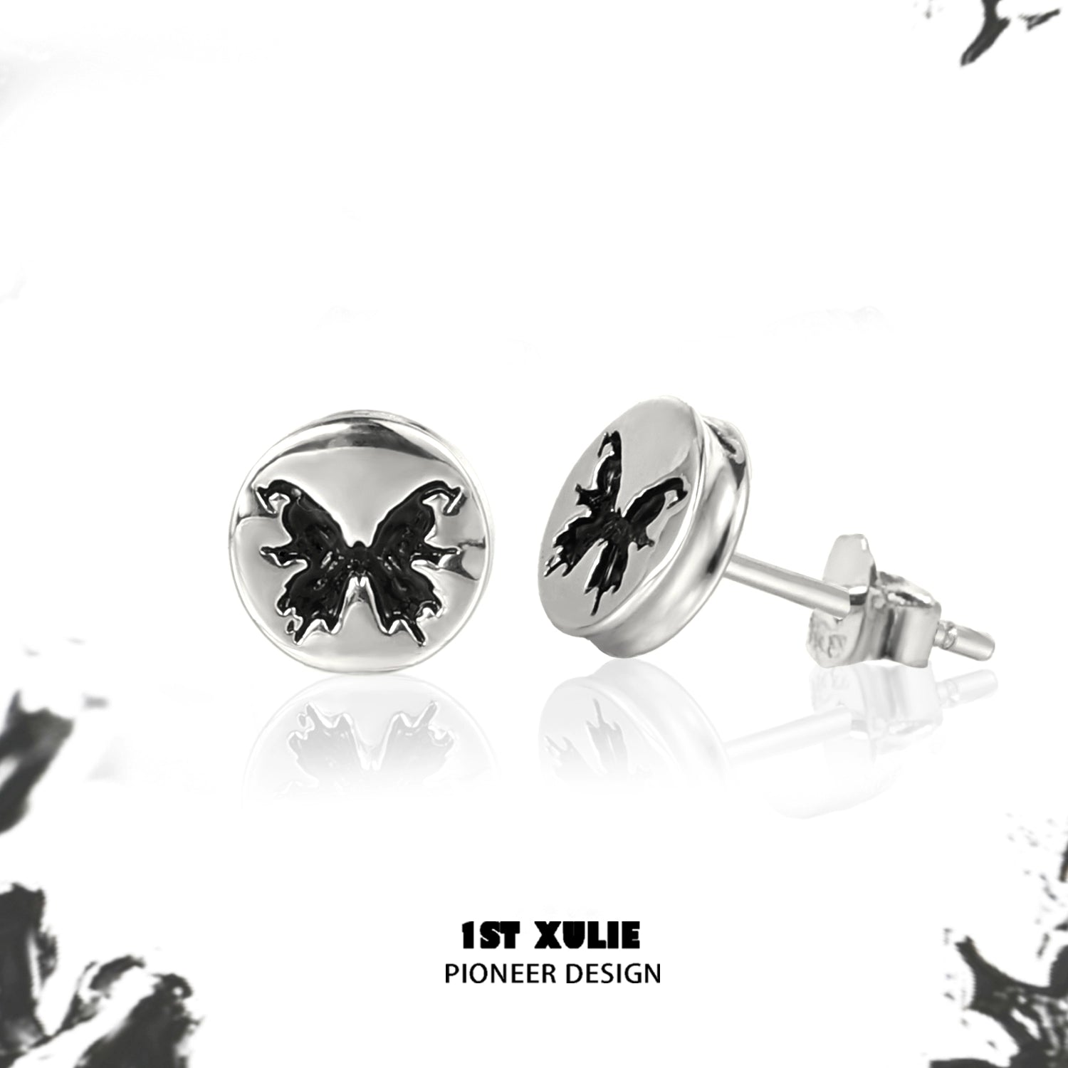 1ST XULIE Gothic Butterfly Earrings in Silver Featuring Intricate Black Detailing