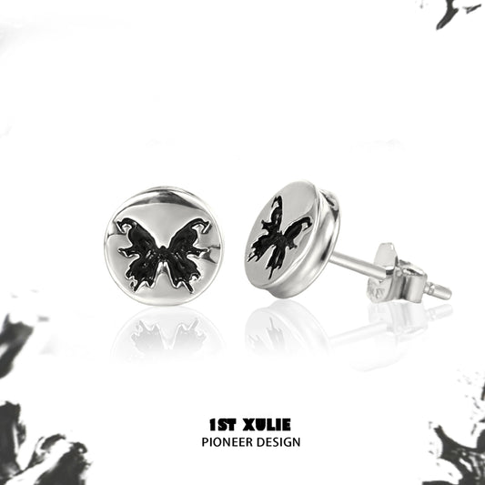 1ST XULIE Gothic Butterfly Earrings in Silver Featuring Intricate Black Detailing