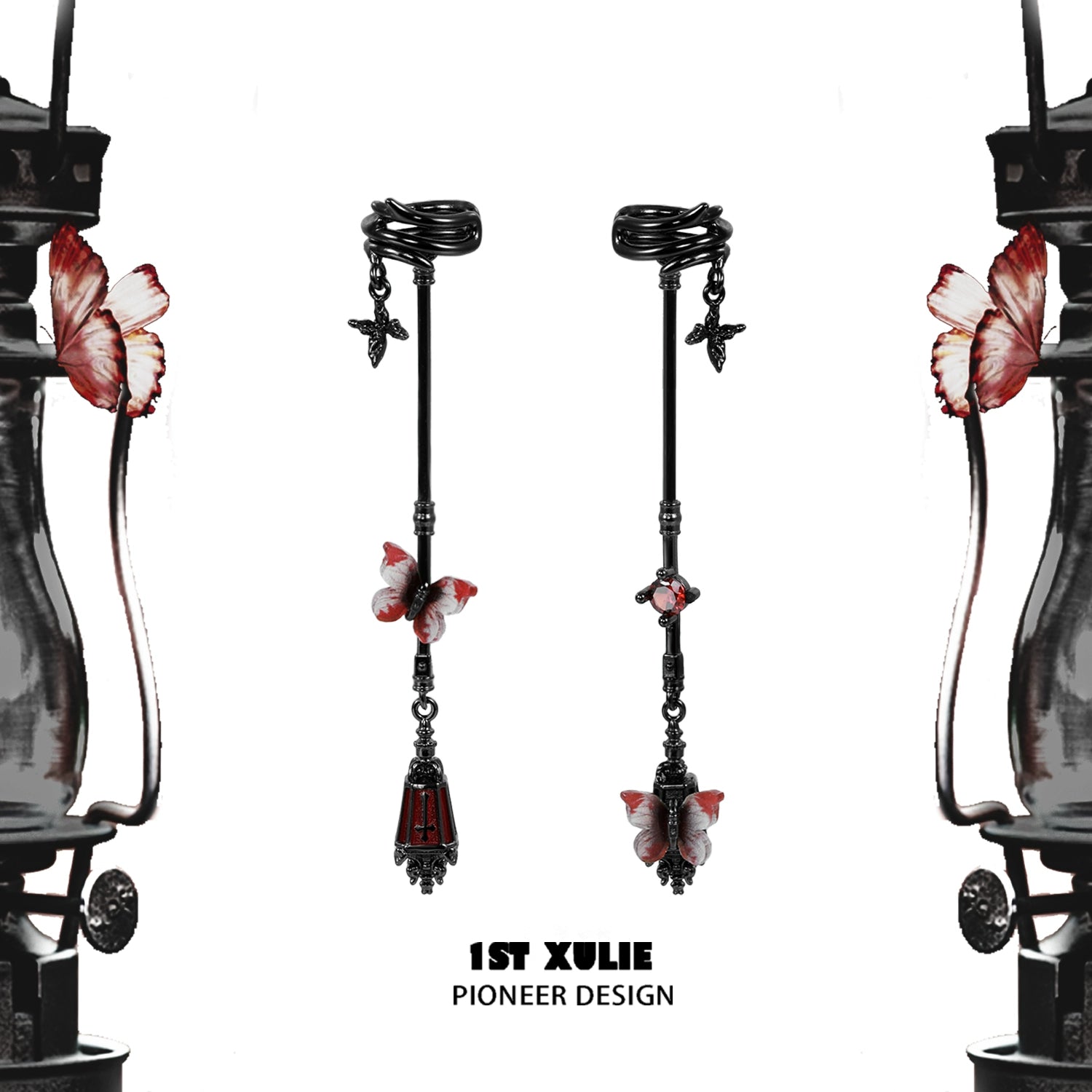 Gothic butterfly earrings with red and black design, featuring intricate detailing and a unique silhouette