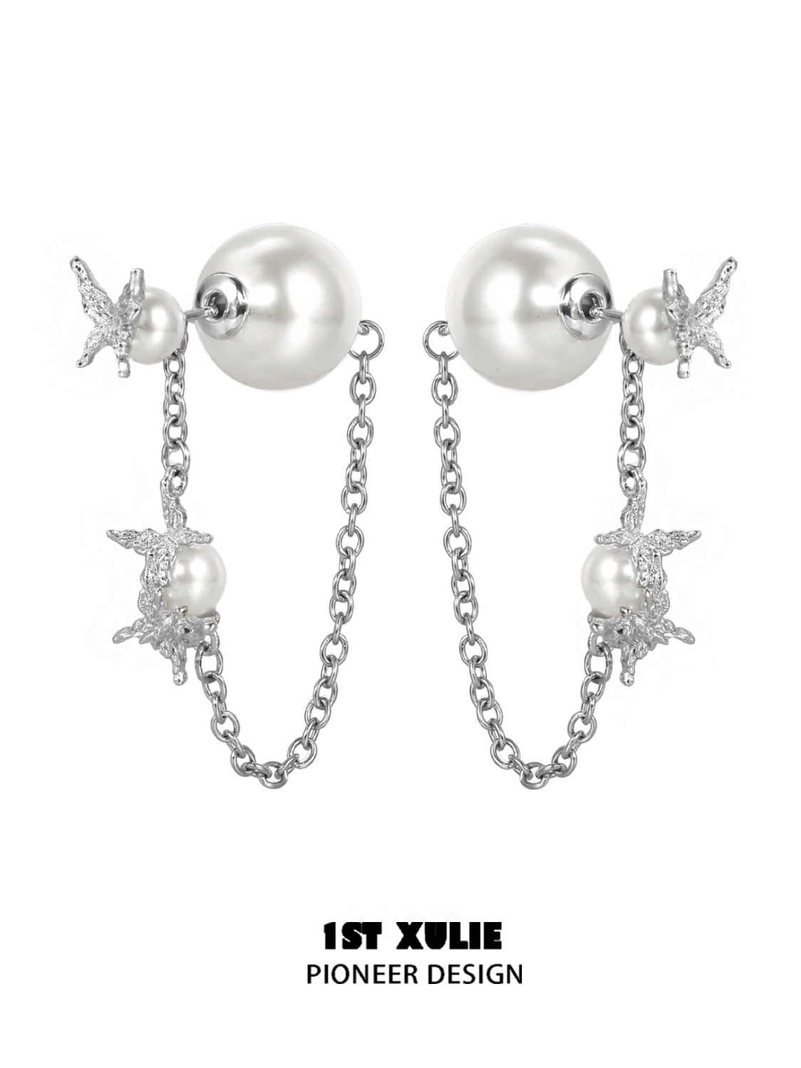 Gothic butterfly earrings featuring silver chains and pearl accents for a stylish look