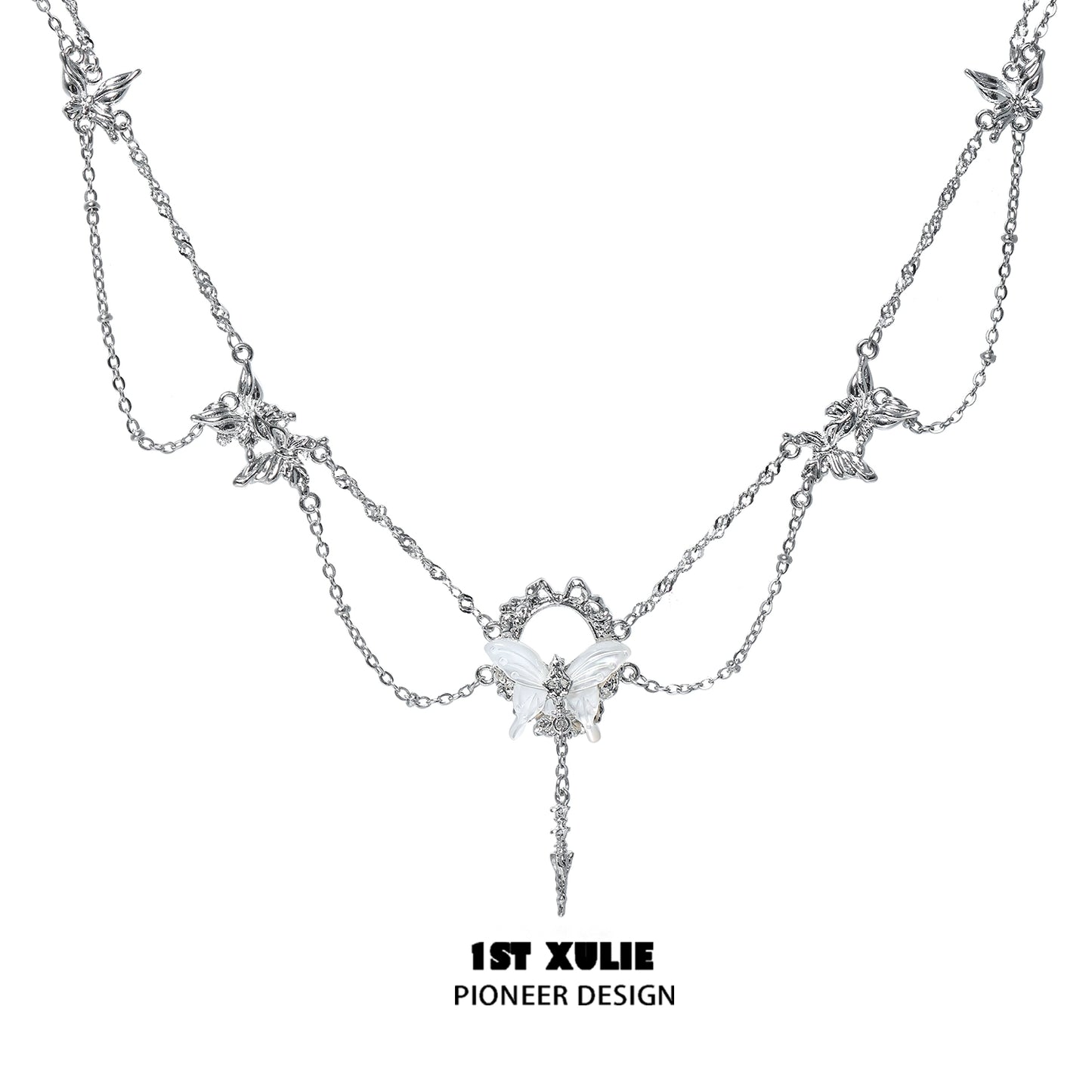 Gothic butterfly necklace from 1ST XULIE featuring intricate silver chain and butterfly pendant