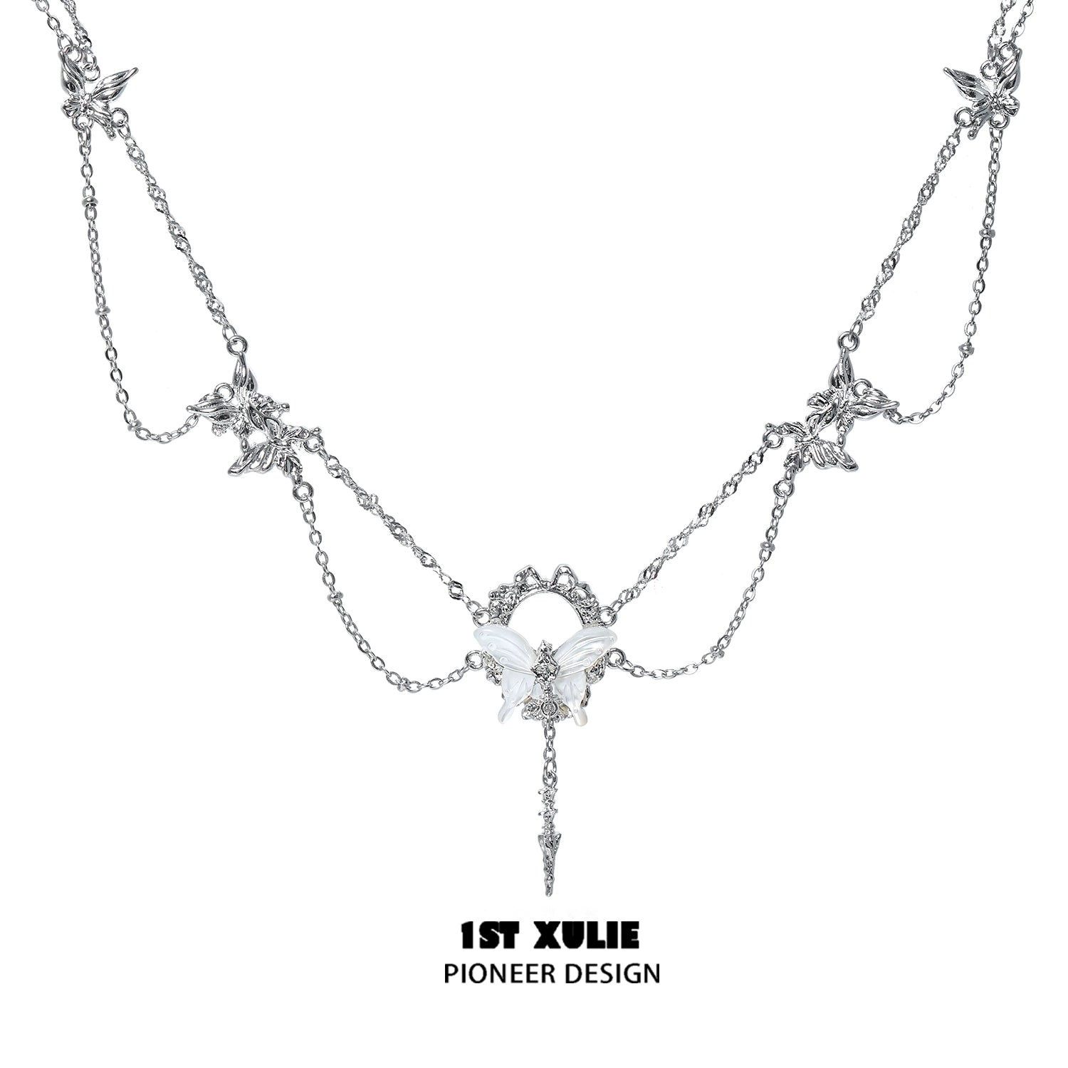 Gothic butterfly necklace from 1ST XULIE featuring intricate silver chain and butterfly pendant