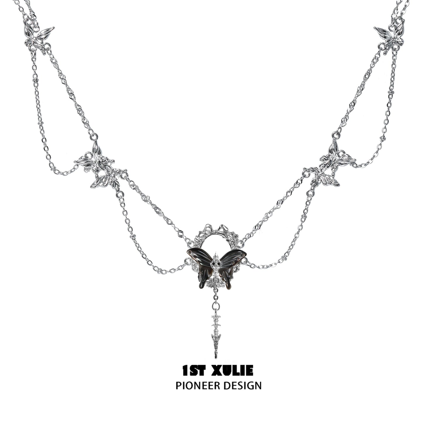Gothic butterfly necklace by 1STXULIE featuring intricate butterfly charms and layered chains