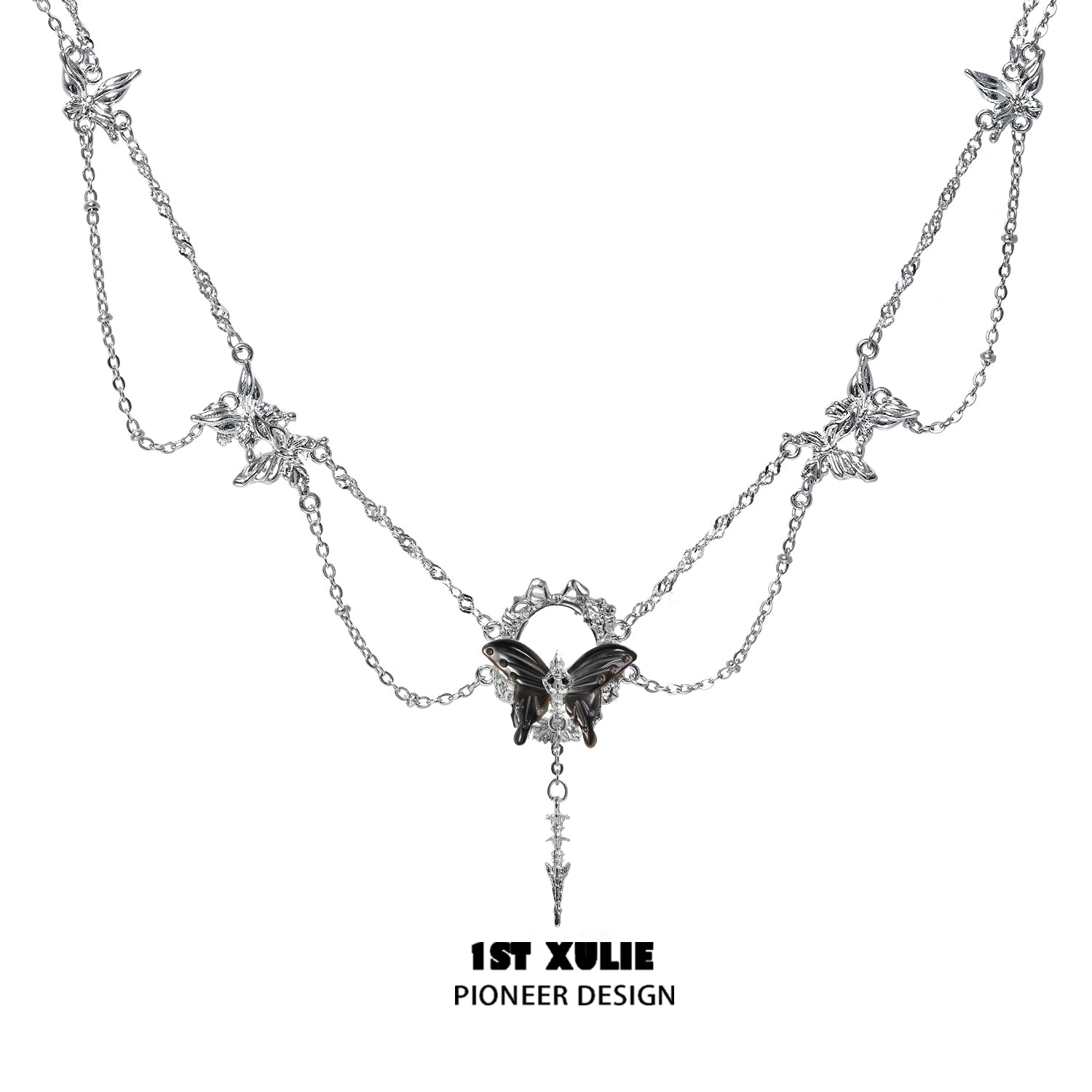 Gothic butterfly necklace by 1STXULIE featuring intricate butterfly charms and layered chains