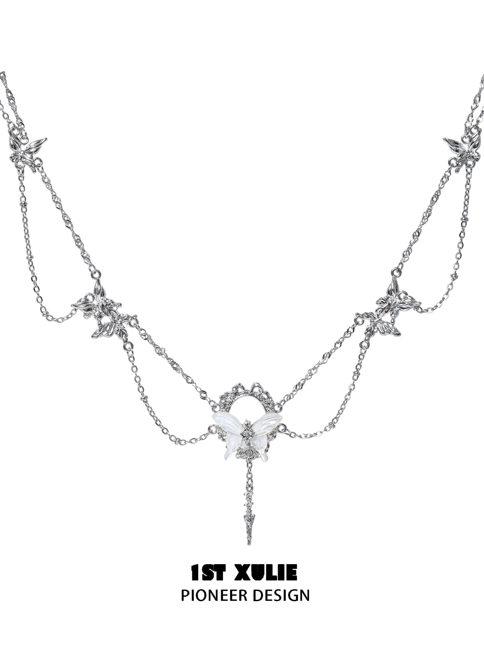 Gothic butterfly necklace featuring intricate silver chains and decorative butterfly charms