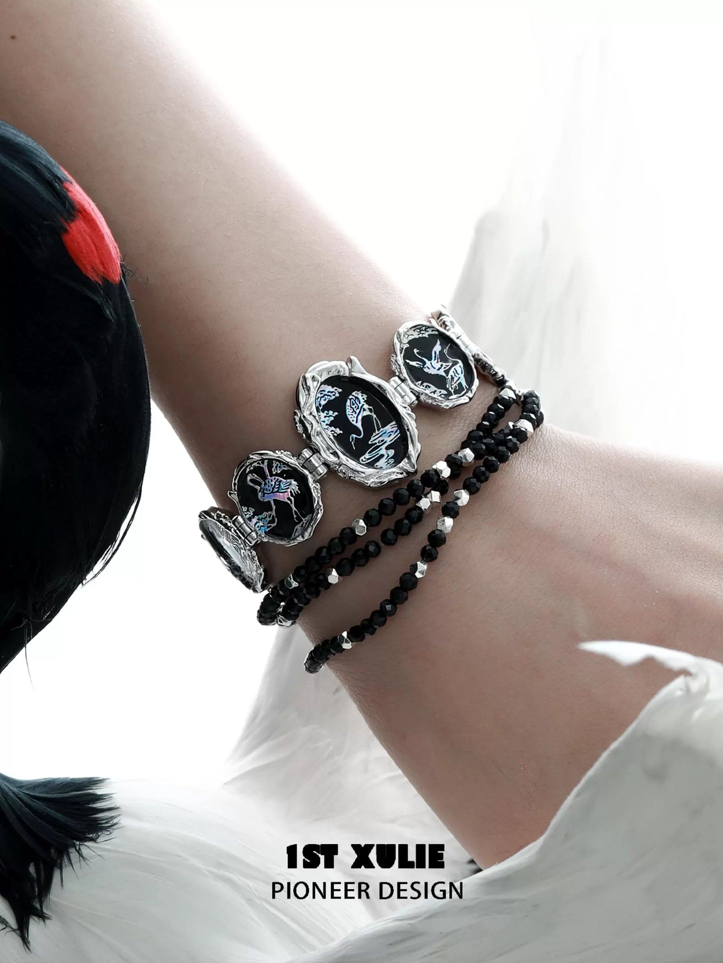 Gothic crane bead bracelet featuring intricate designs and black beads for a stylish look