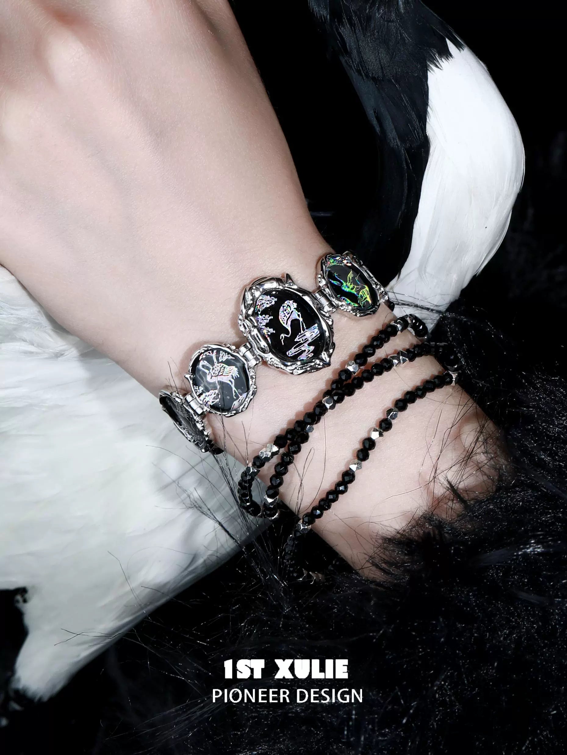 Gothic crane bead bracelet featuring intricate designs and elegant black accents for a striking look