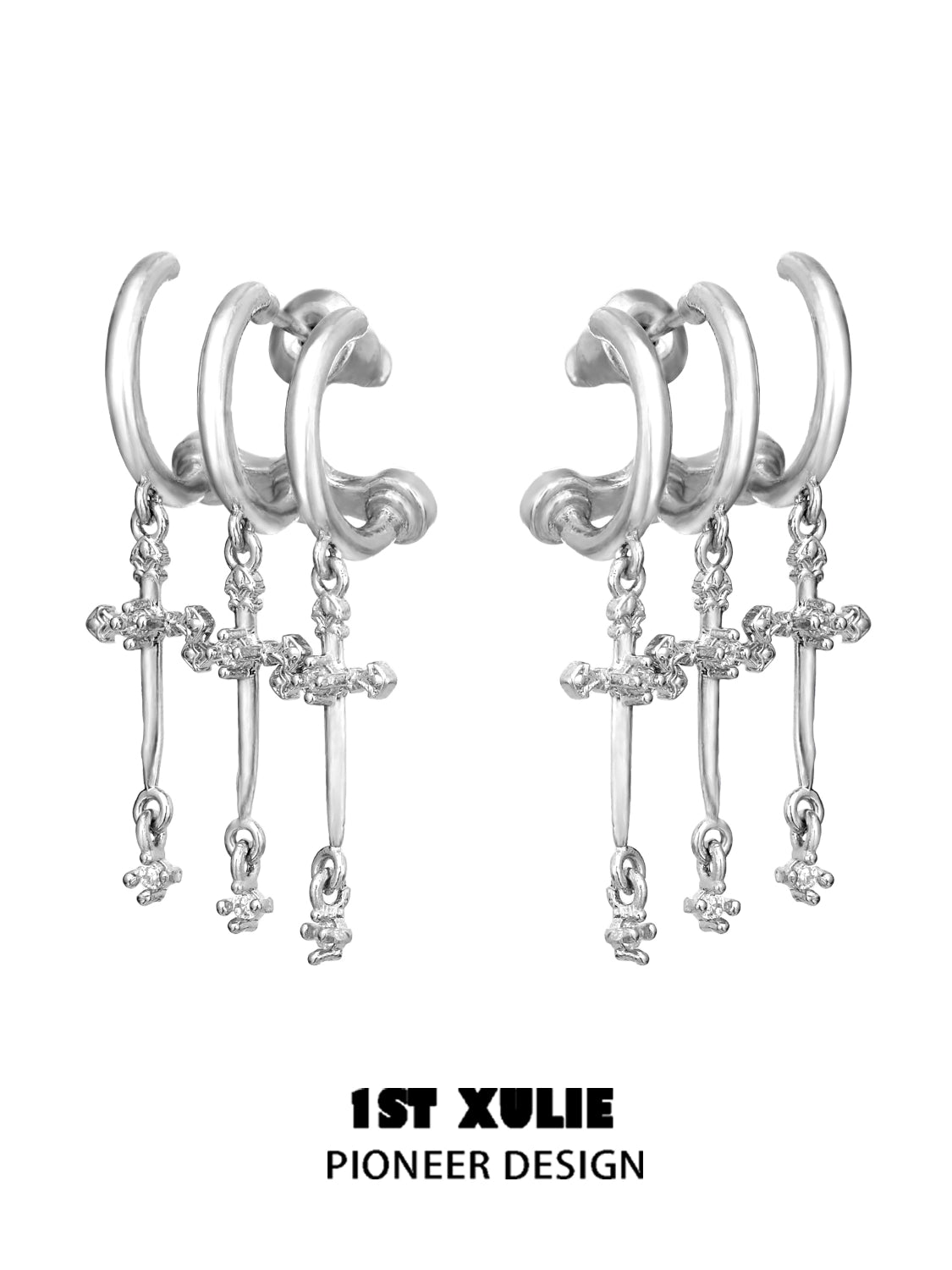 Stylish 1ST XULIE gothic cross earrings featuring silver hoops and dangling crosses