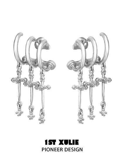 Stylish 1ST XULIE gothic cross earrings featuring silver hoops and dangling crosses