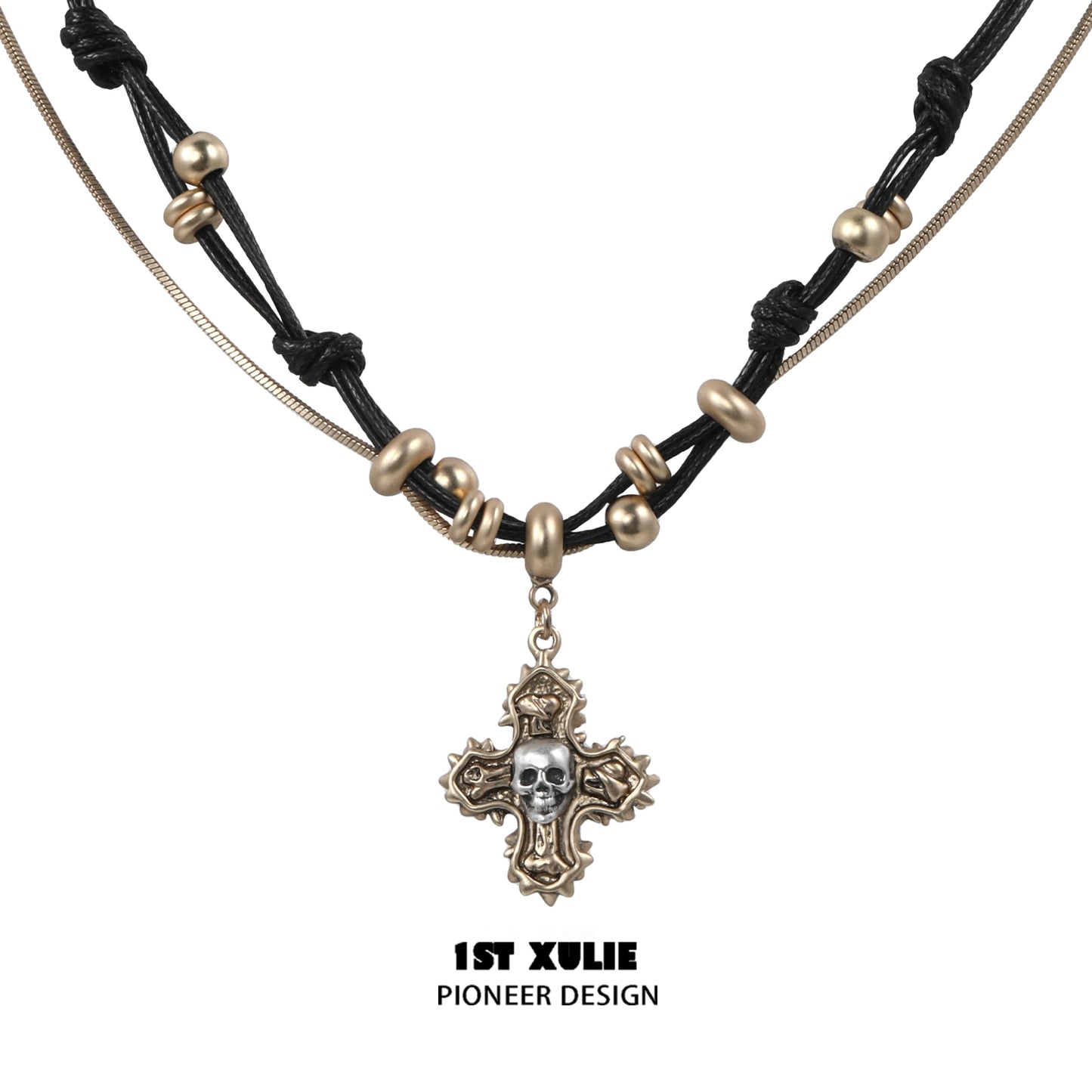 Gothic cross necklace by 1STXULIE featuring a unique skull pendant and intricate bead details