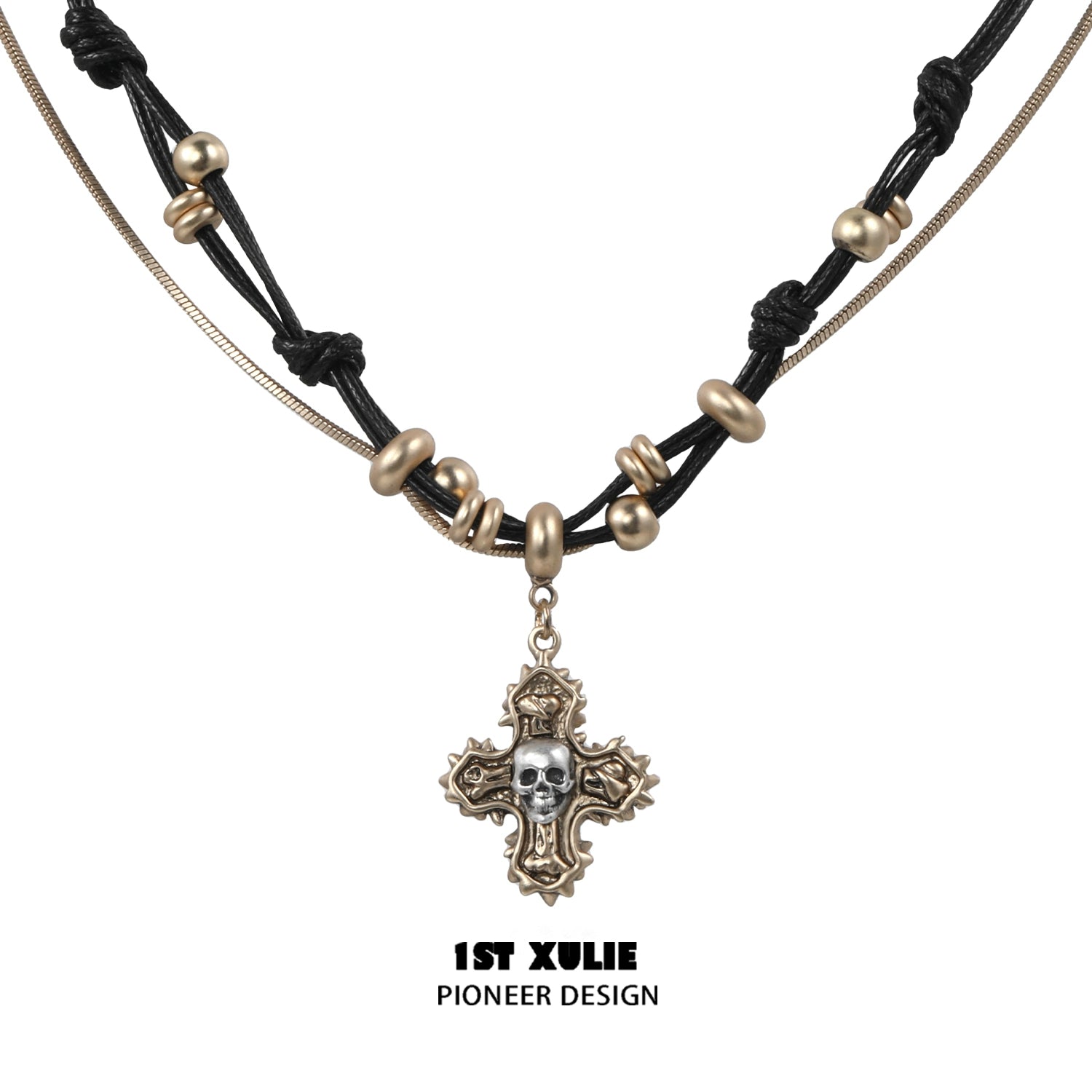 Gothic cross necklace by 1STXULIE featuring a unique skull pendant and intricate bead details