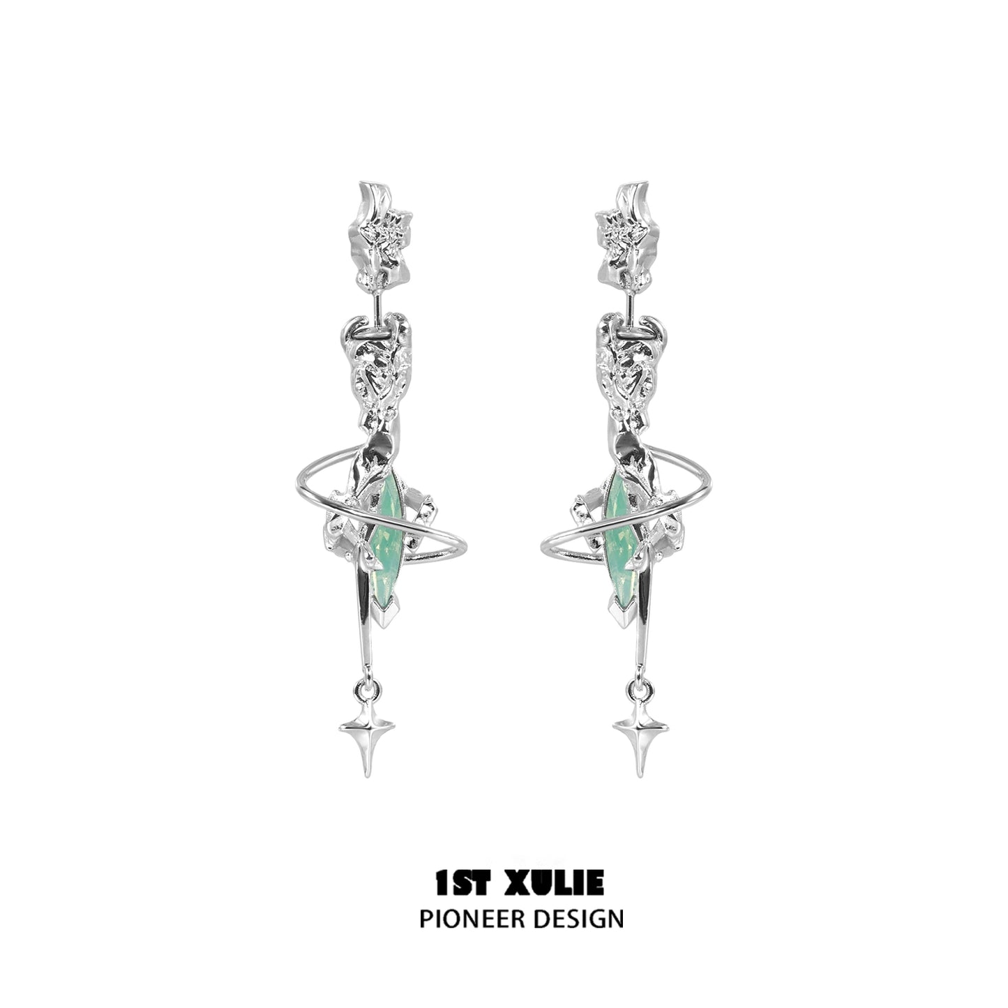 Silver gothic dream core earrings with celestial design and green gemstone accents