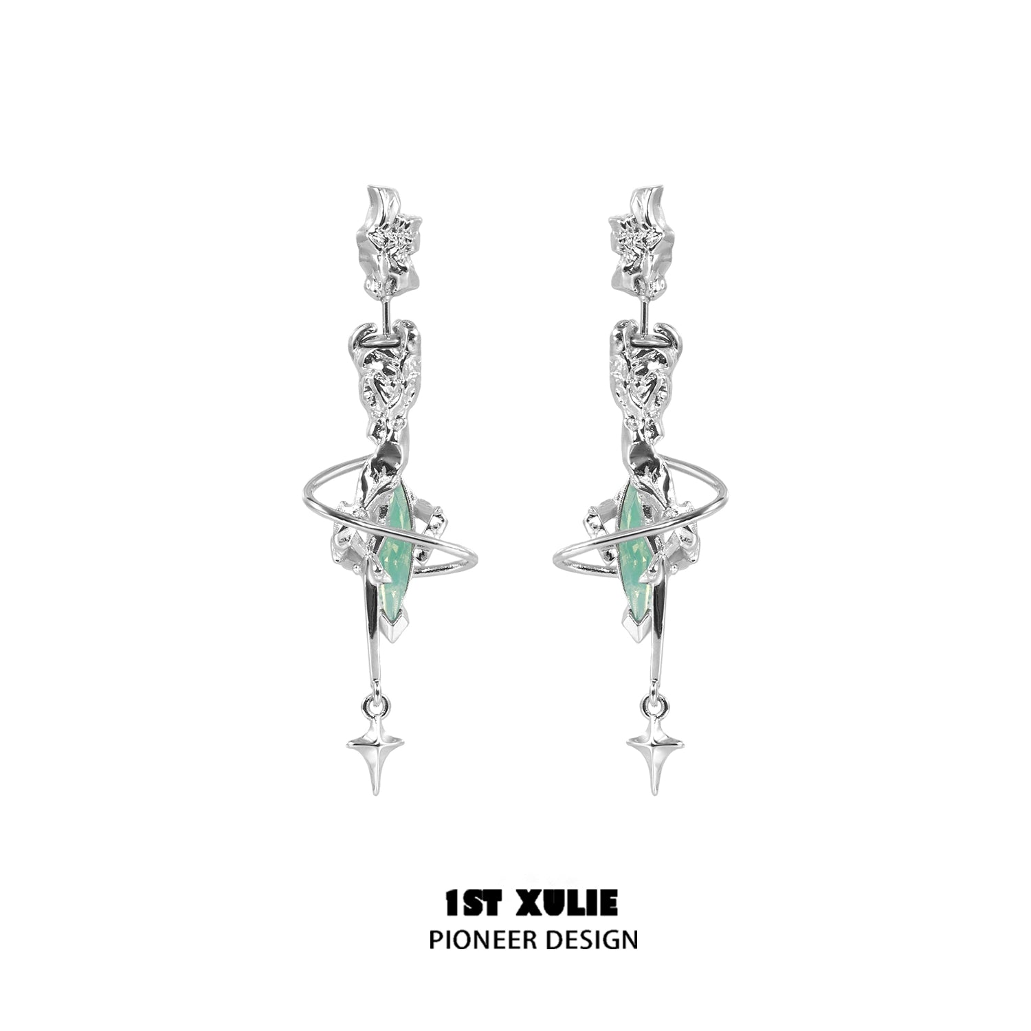 Silver gothic dream core earrings with celestial design and green gemstone accents
