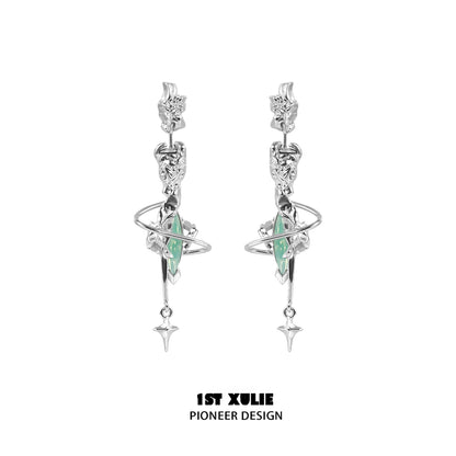 Silver gothic dream core earrings with celestial design and green gemstone accents