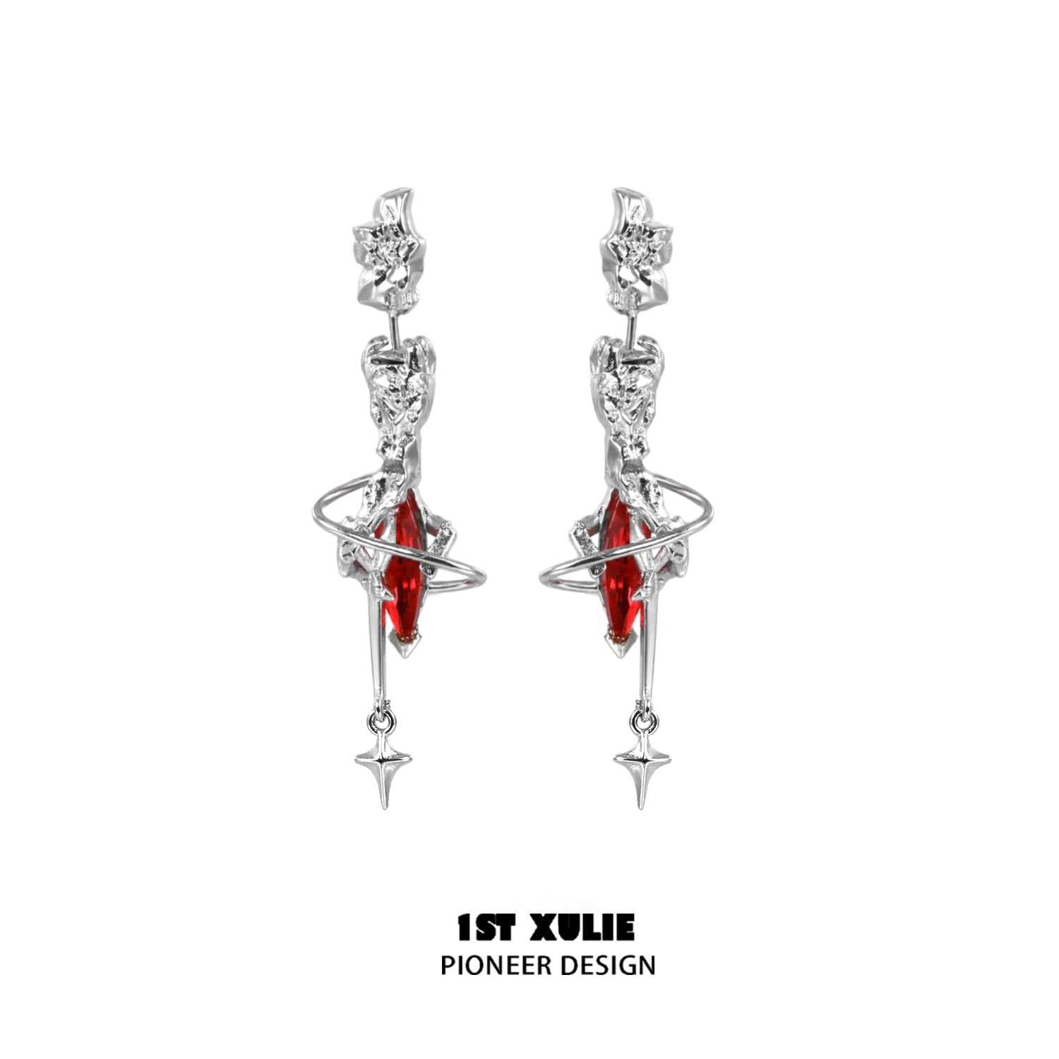 Gothic dream core earrings featuring red gemstones and silver swirl design for unique style