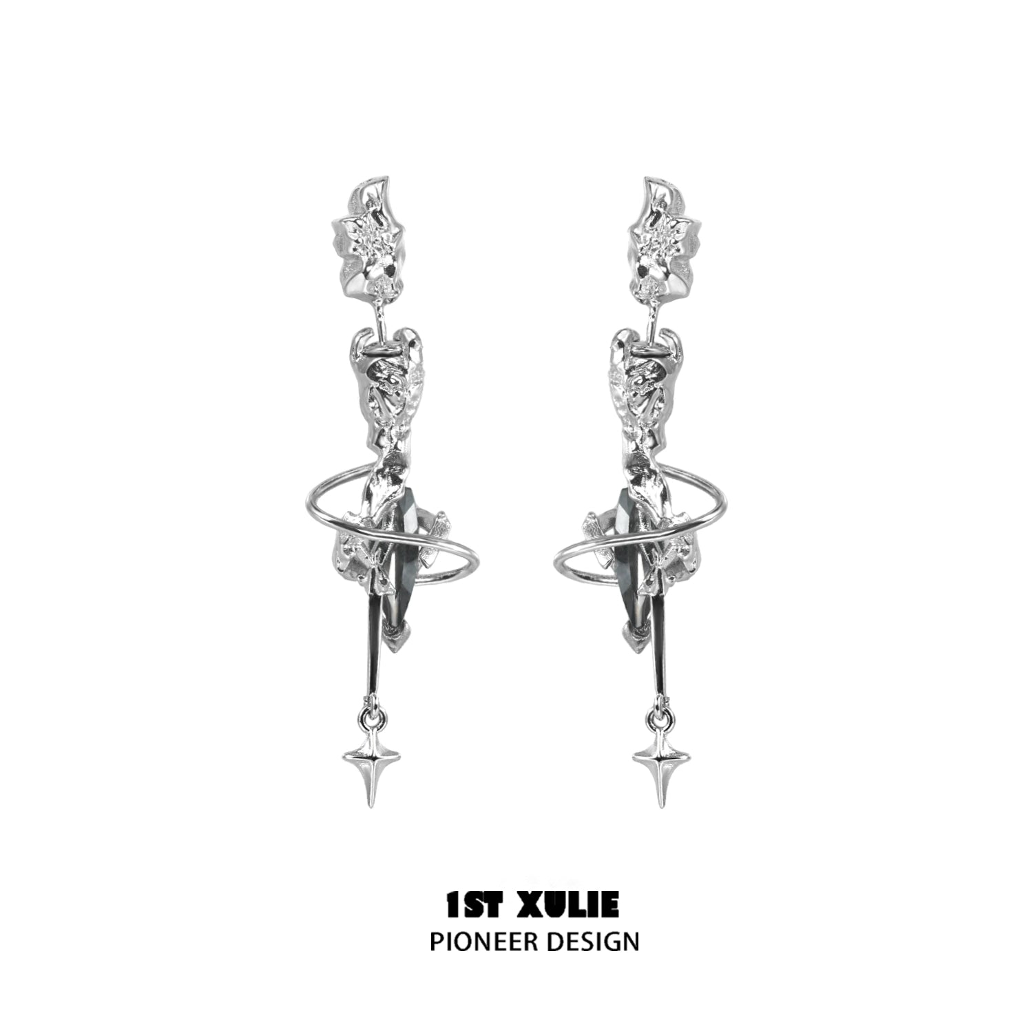 Gothic dream core earrings featuring intricate silver designs with dangling charms