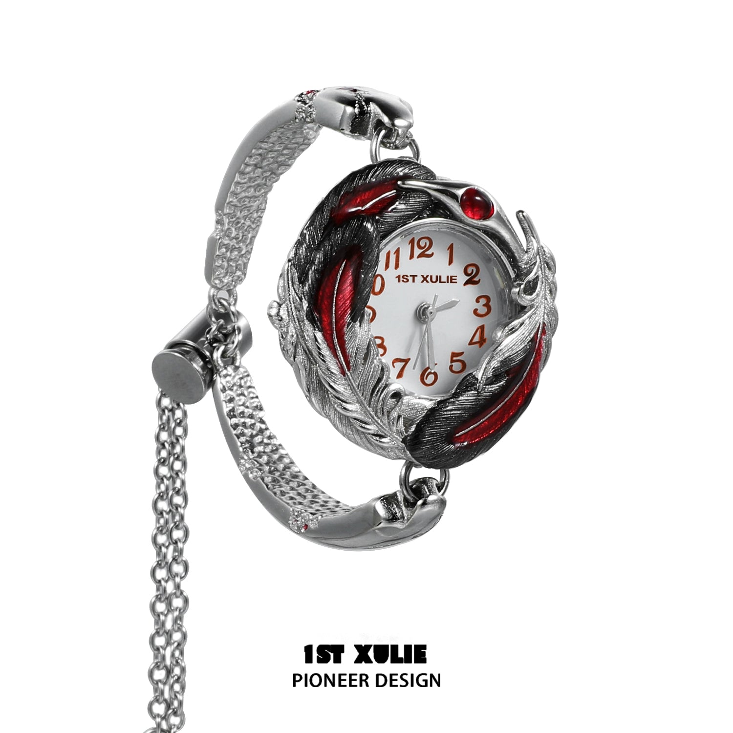 Gothic feather bracelet watch with silver detailing and red accents for unique style