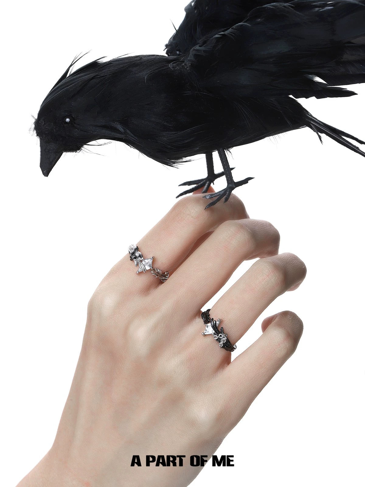 Gothic feather ring showcased on a hand with a raven, perfect for dark-themed jewelry lovers