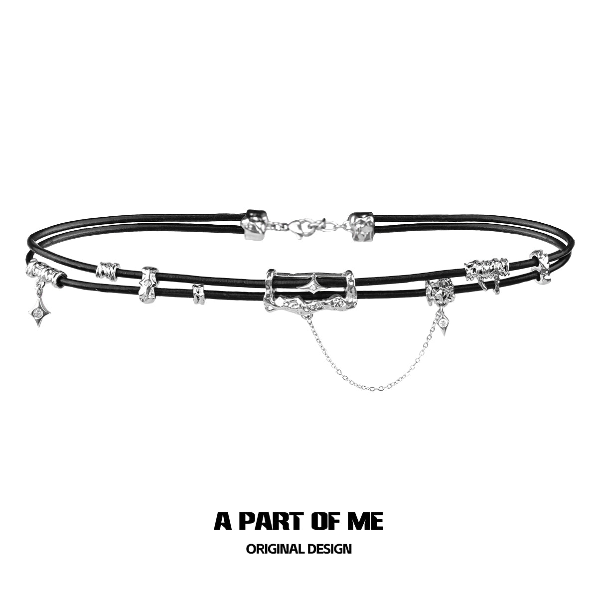 Gothic leather necklace featuring silver charms on a black cord for a unique style