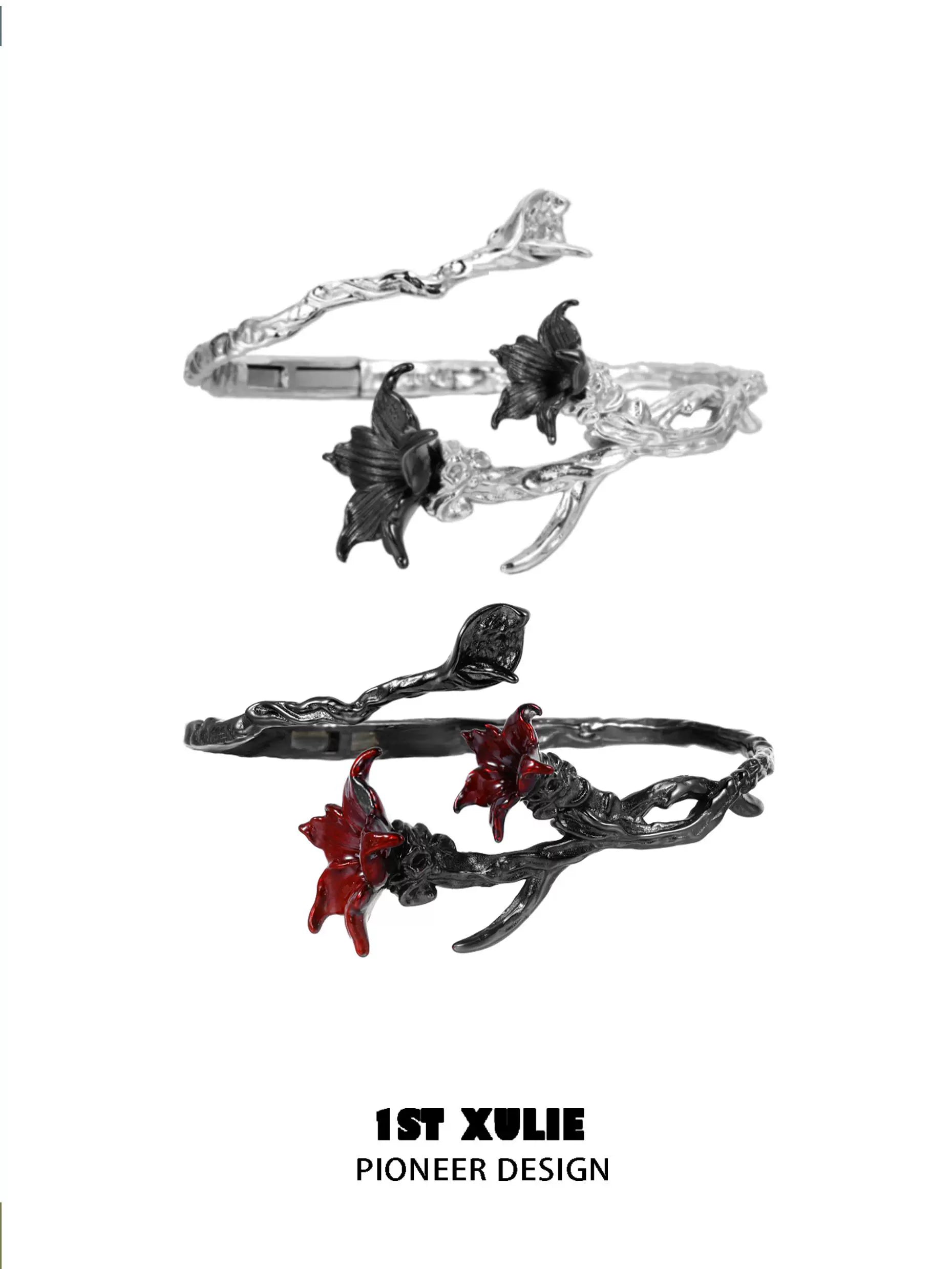 Gothic mandala bracelet by 1STXULIE featuring black and red floral accents on a twisted design
