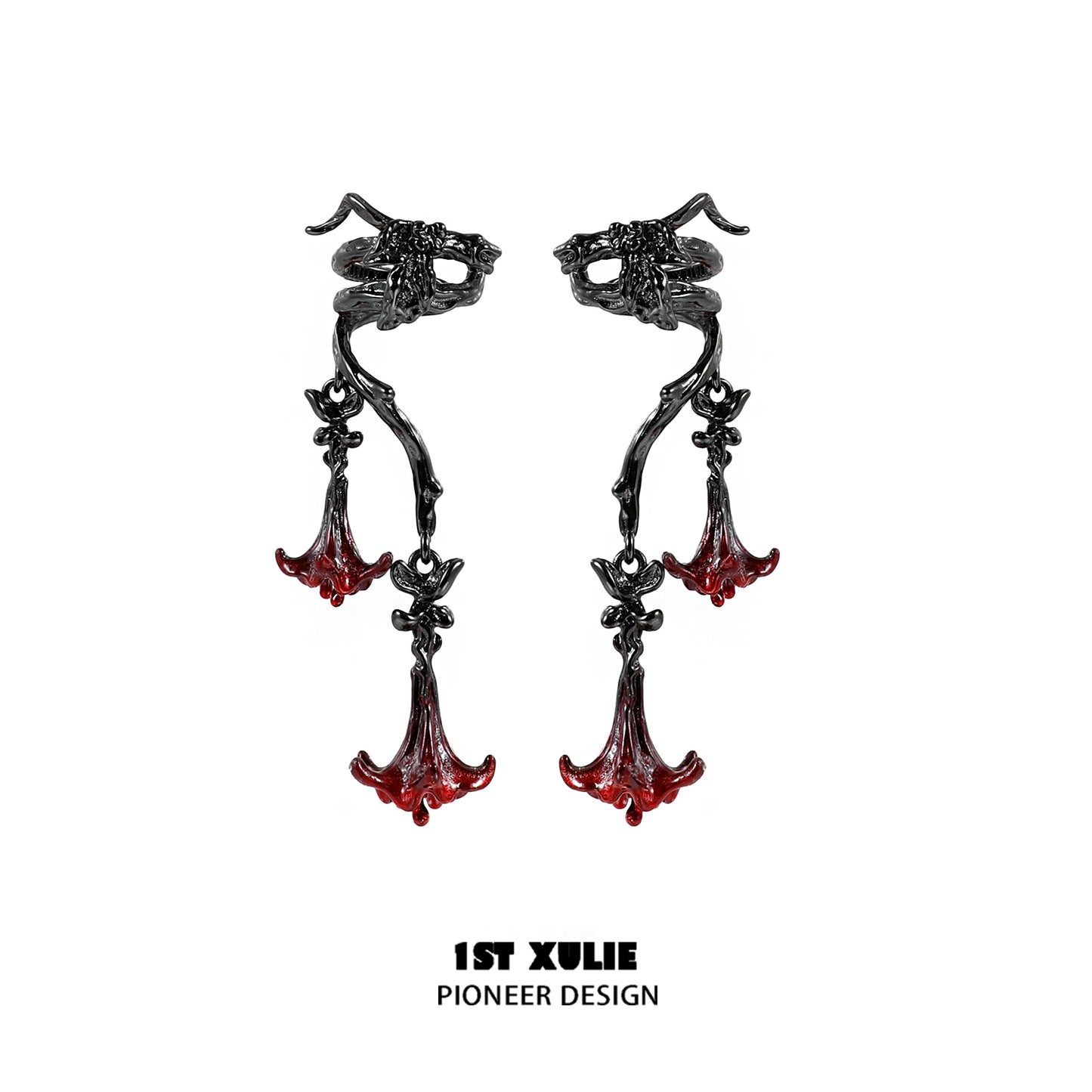 Gothic mandala ear cuffs with intricate design and red accents for a bold fashion statement