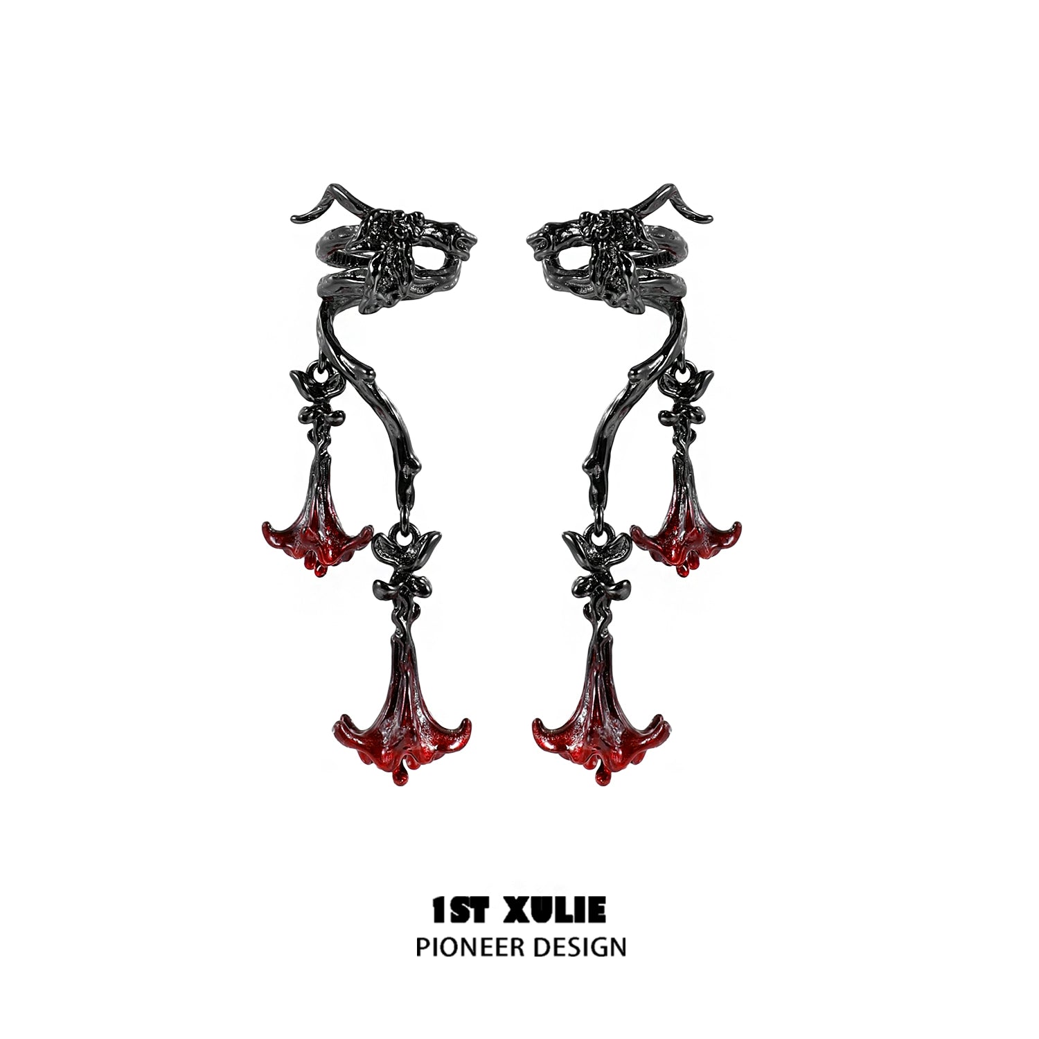 Gothic mandala ear cuffs with intricate design and red accents for a bold fashion statement