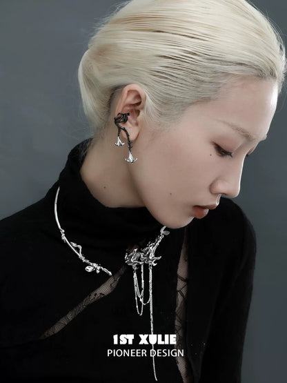 Gothic mandala ear cuffs showcased by a model with minimalistic styling and elegant features