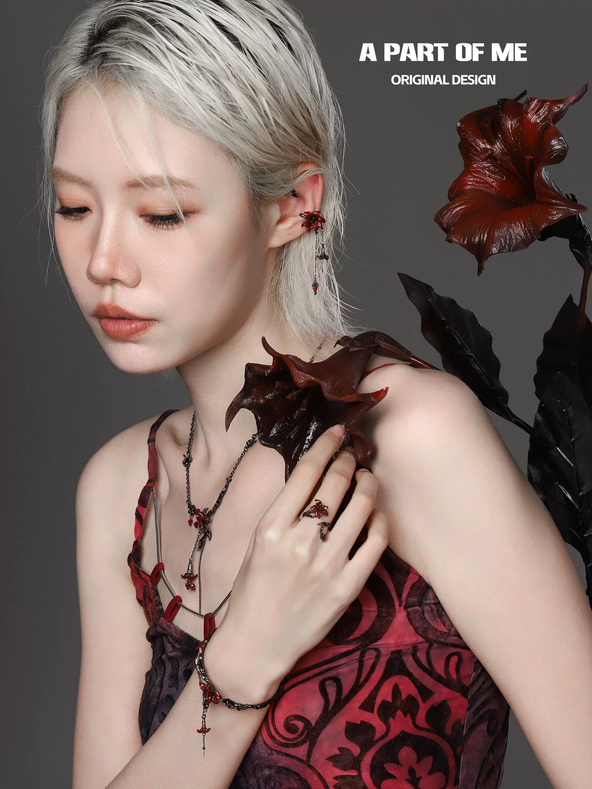 A model wearing gothic mandala ring along with matching gothic jewelry, showcasing original design