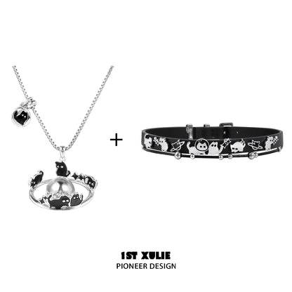 Gothic night owl cat necklace featuring black cats and a pearl accent for a trendy accessory