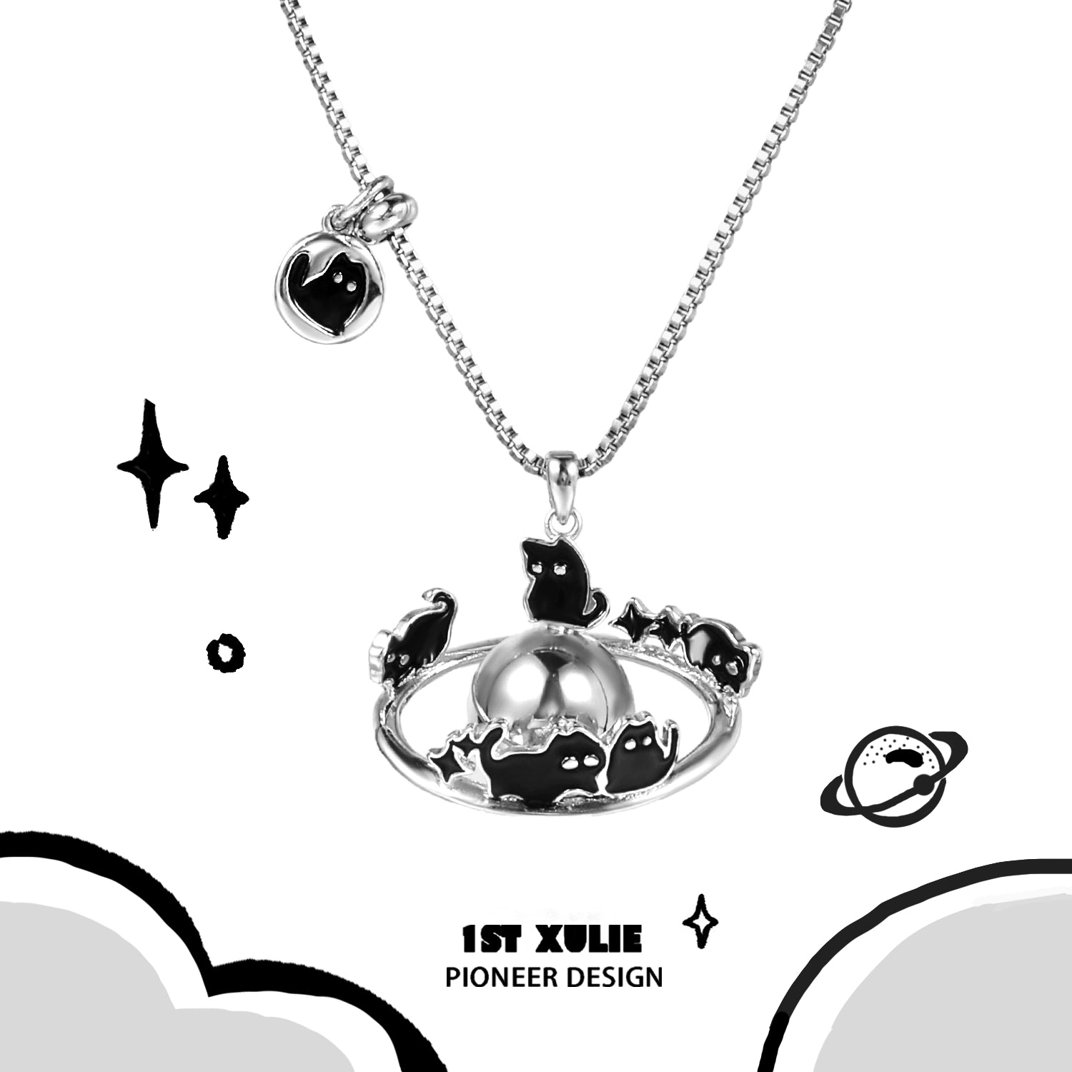 Gothic night owl cat necklace featuring multiple cat charms and a silver pendant design